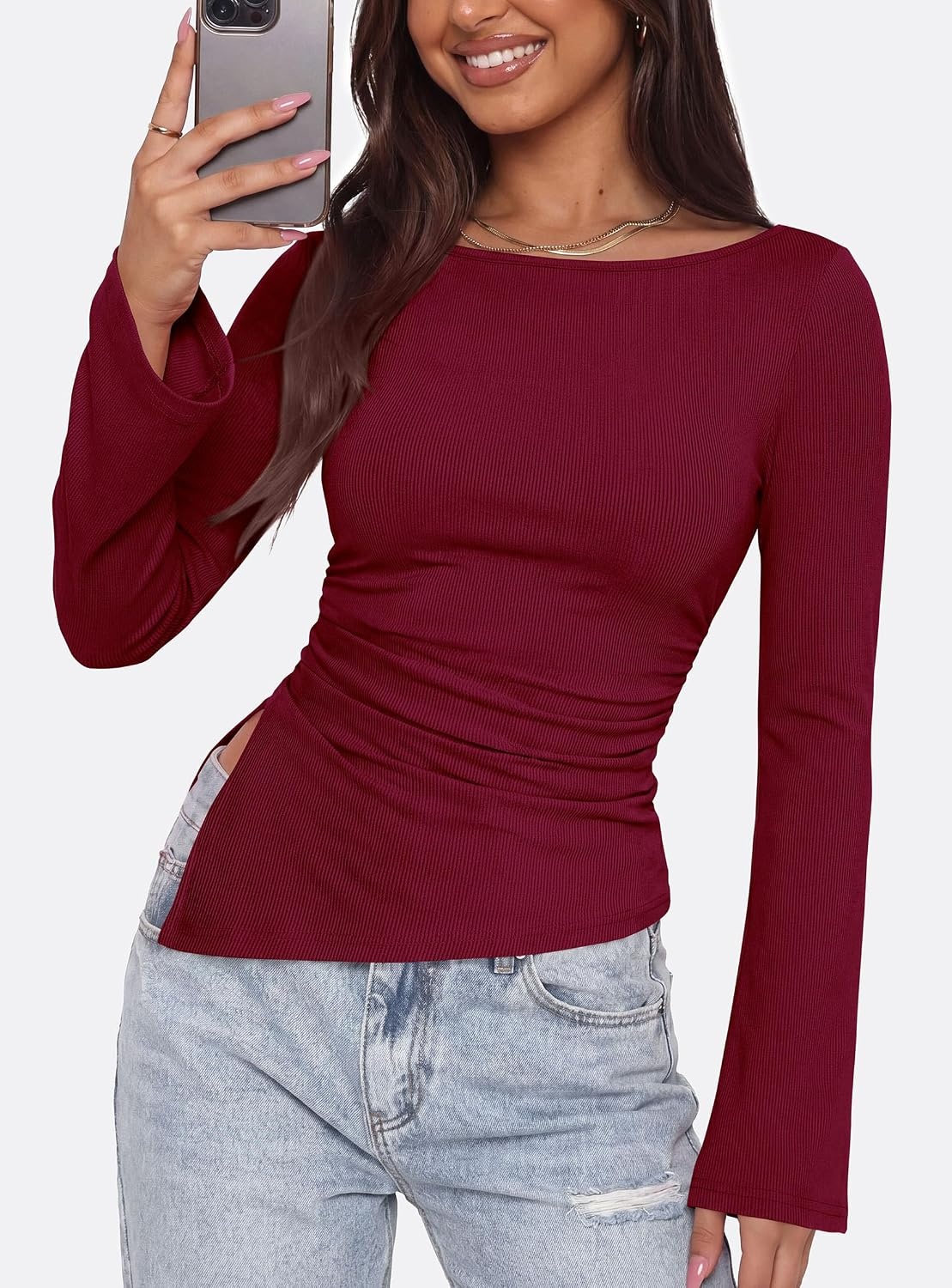 image:imagePRETTYGARDEN Womens Bell Long Sleeve Shirts 2026 Fall Boat Neck Ruched Asymmetrical Going Out Tops Ribbed Y2K ClothesWine Red