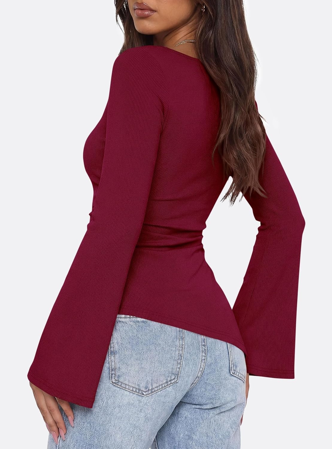 image:imagePRETTYGARDEN Womens Bell Long Sleeve Shirts 2026 Fall Boat Neck Ruched Asymmetrical Going Out Tops Ribbed Y2K ClothesWine Red