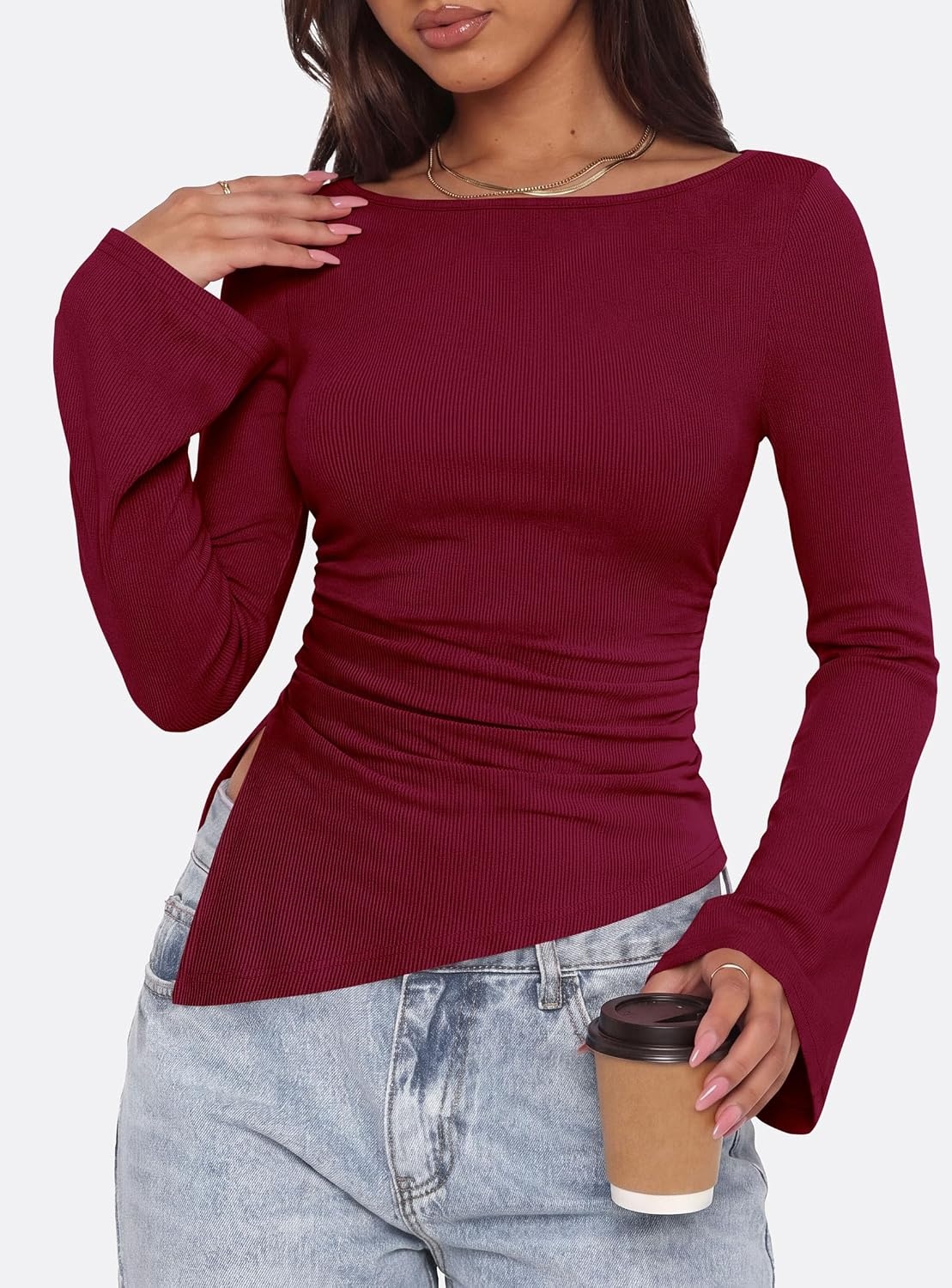 image:imagePRETTYGARDEN Womens Bell Long Sleeve Shirts 2026 Fall Boat Neck Ruched Asymmetrical Going Out Tops Ribbed Y2K ClothesWine Red