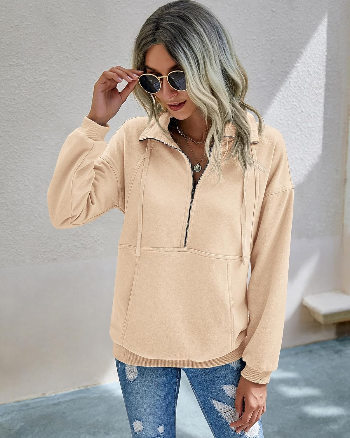 image:imagePRETTYGARDEN Womens Casual Long Sleeve Lapel Zipper Sweatshirt Drawstring Loose Pullover TopsApricot