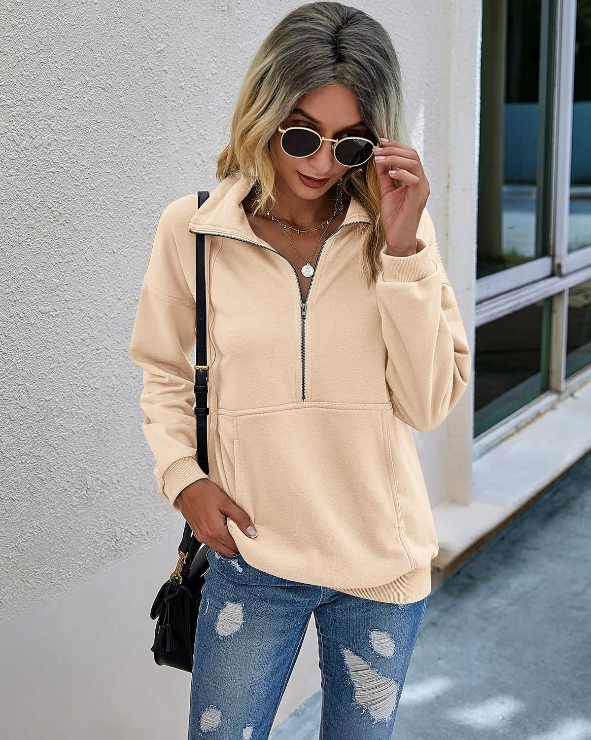 image:imagePRETTYGARDEN Womens Casual Long Sleeve Lapel Zipper Sweatshirt Drawstring Loose Pullover TopsApricot