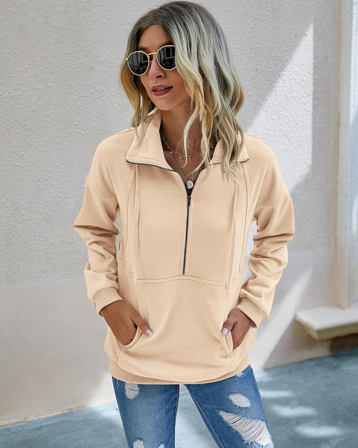 image:imagePRETTYGARDEN Womens Casual Long Sleeve Lapel Zipper Sweatshirt Drawstring Loose Pullover TopsApricot