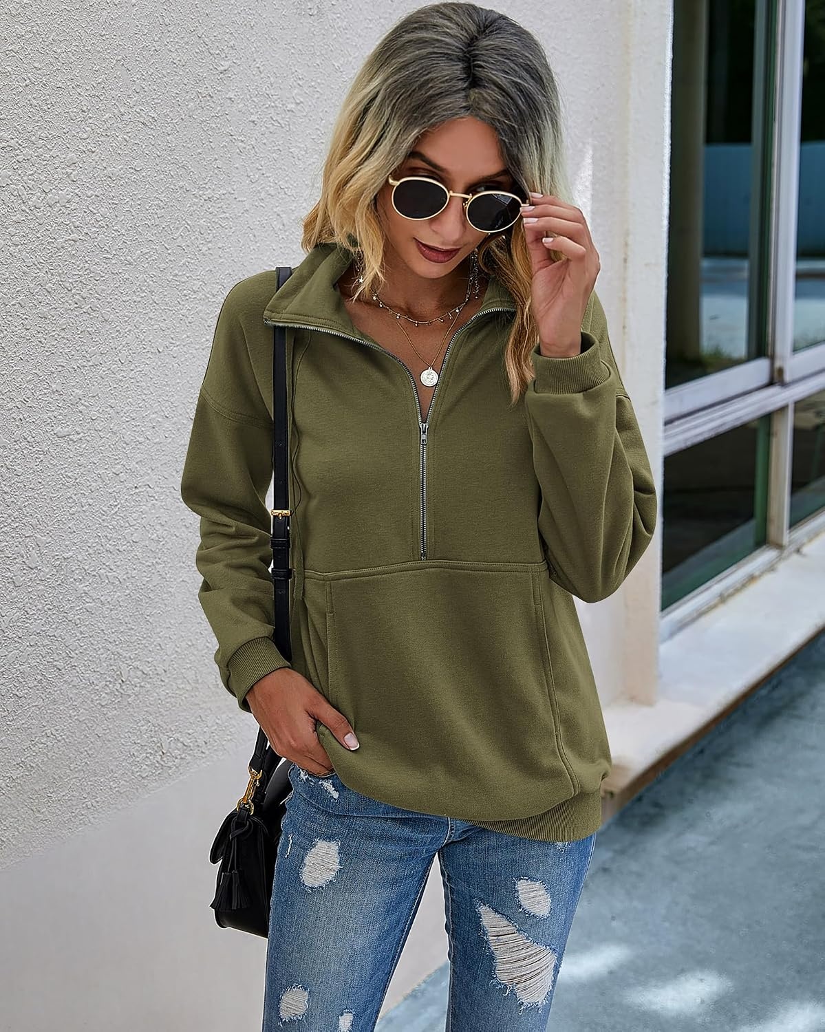 image:imagePRETTYGARDEN Womens Casual Long Sleeve Lapel Zipper Sweatshirt Drawstring Loose Pullover TopsArmy Green