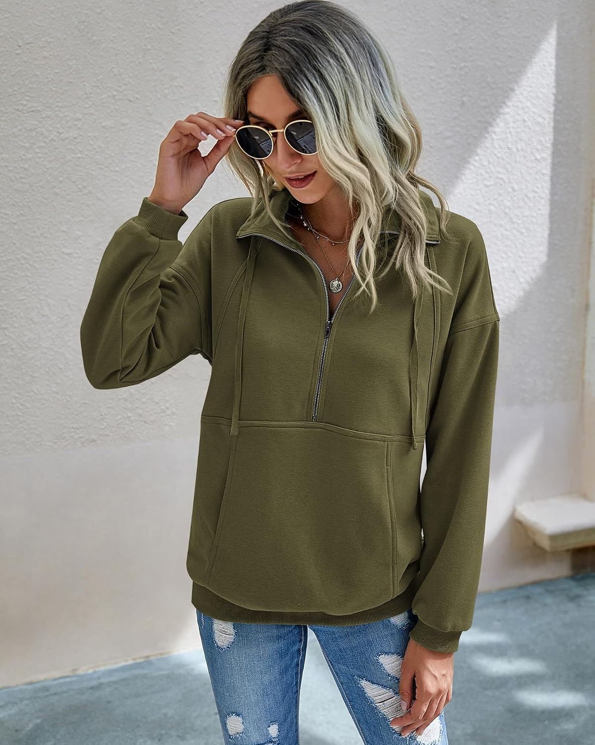 image:imagePRETTYGARDEN Womens Casual Long Sleeve Lapel Zipper Sweatshirt Drawstring Loose Pullover TopsArmy Green