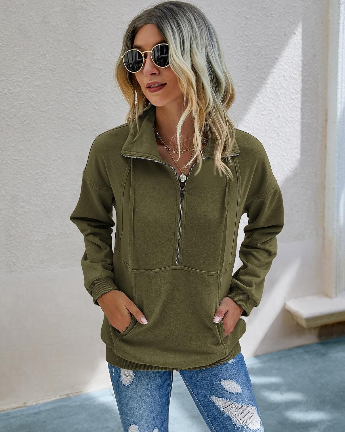 image:imagePRETTYGARDEN Womens Casual Long Sleeve Lapel Zipper Sweatshirt Drawstring Loose Pullover TopsArmy Green