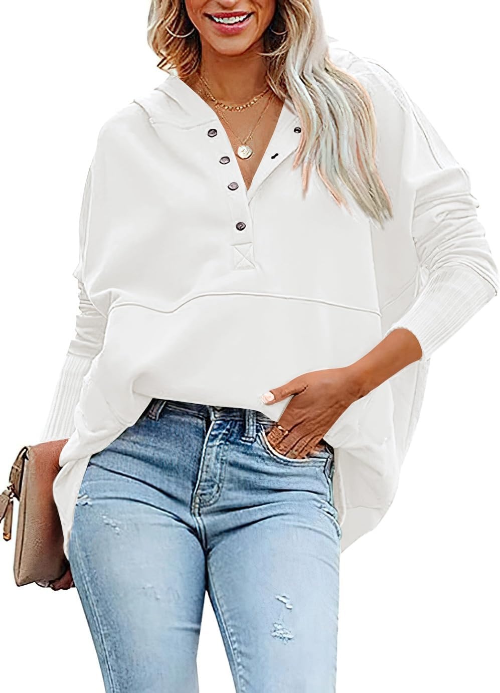image:imagePRETTYGARDEN Womens Casual Long Sleeve Lapel Zipper Sweatshirt Drawstring Loose Pullover TopsBeige White