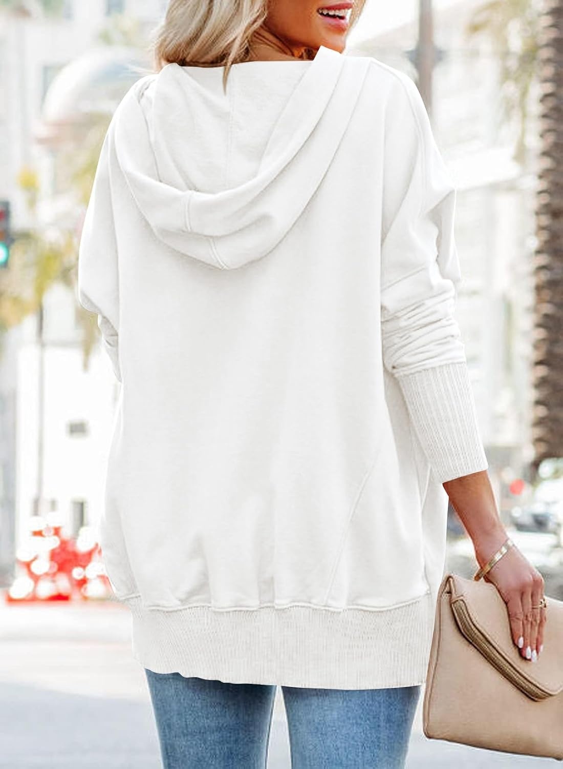 image:imagePRETTYGARDEN Womens Casual Long Sleeve Lapel Zipper Sweatshirt Drawstring Loose Pullover TopsBeige White