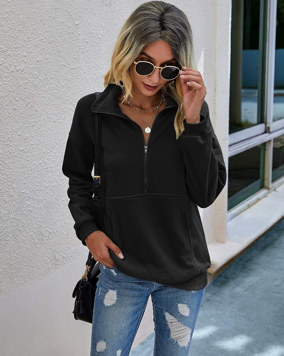 image:imagePRETTYGARDEN Womens Casual Long Sleeve Lapel Zipper Sweatshirt Drawstring Loose Pullover TopsBlack