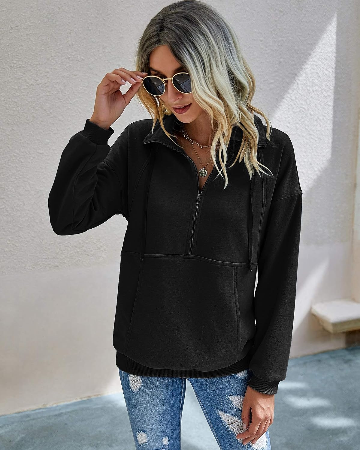 image:imagePRETTYGARDEN Womens Casual Long Sleeve Lapel Zipper Sweatshirt Drawstring Loose Pullover TopsBlack