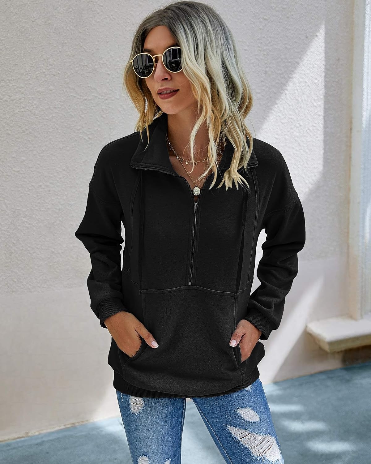 image:imagePRETTYGARDEN Womens Casual Long Sleeve Lapel Zipper Sweatshirt Drawstring Loose Pullover TopsBlack