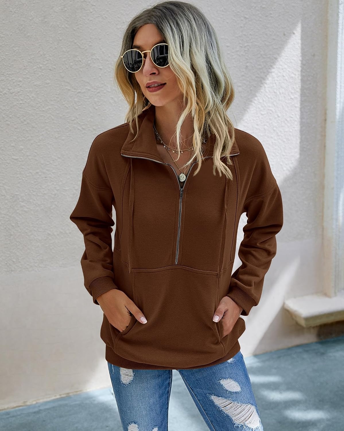 image:imagePRETTYGARDEN Womens Casual Long Sleeve Lapel Zipper Sweatshirt Drawstring Loose Pullover TopsBrown