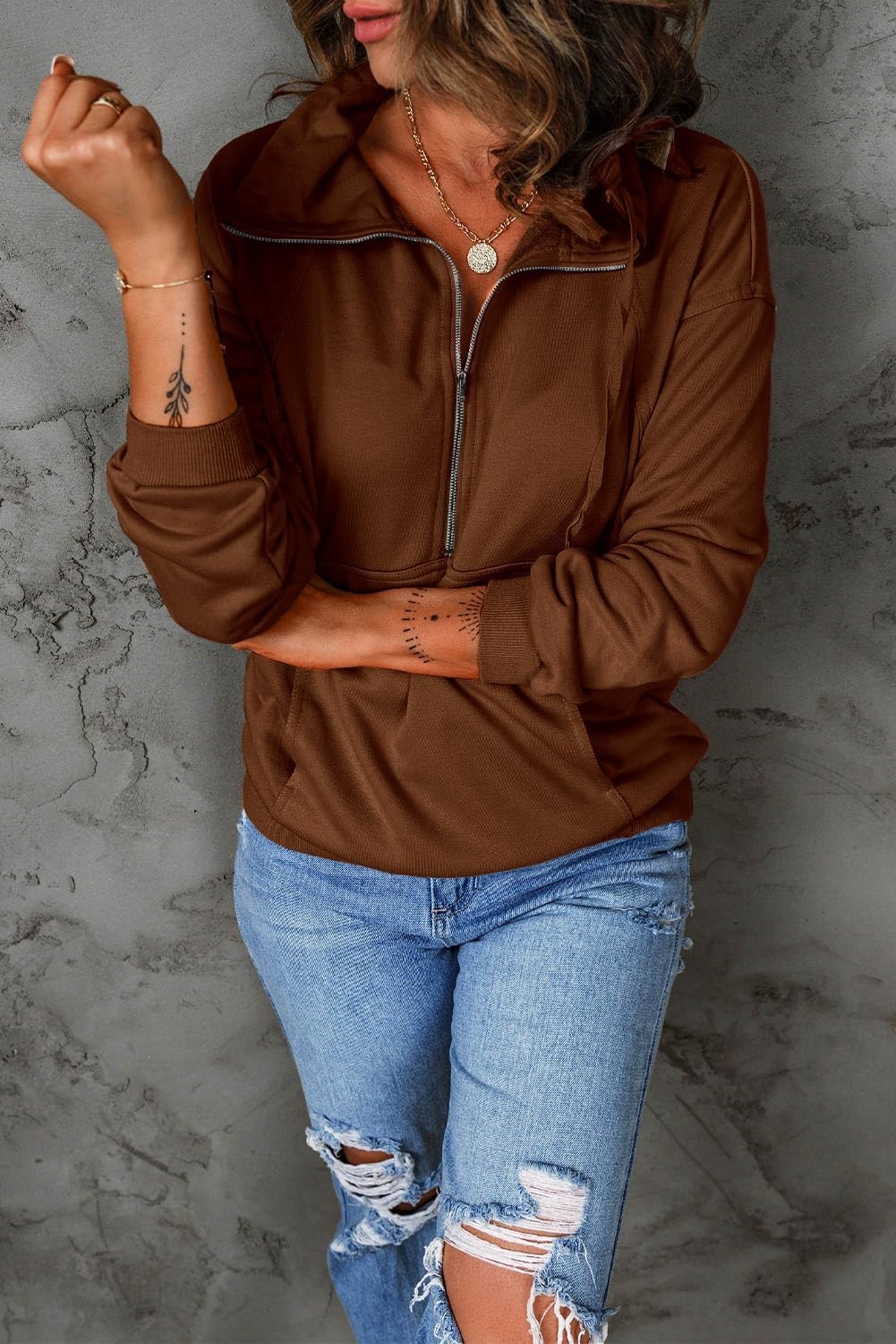 image:imagePRETTYGARDEN Womens Casual Long Sleeve Lapel Zipper Sweatshirt Drawstring Loose Pullover TopsBrown