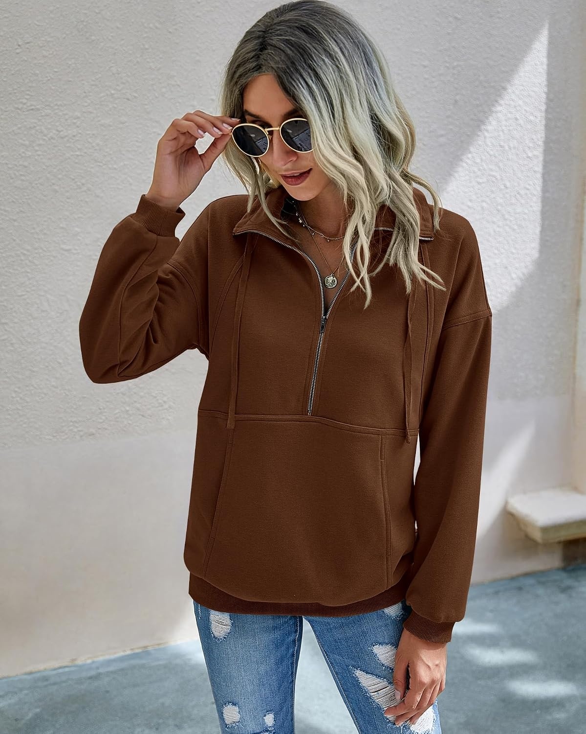 image:imagePRETTYGARDEN Womens Casual Long Sleeve Lapel Zipper Sweatshirt Drawstring Loose Pullover TopsBrown