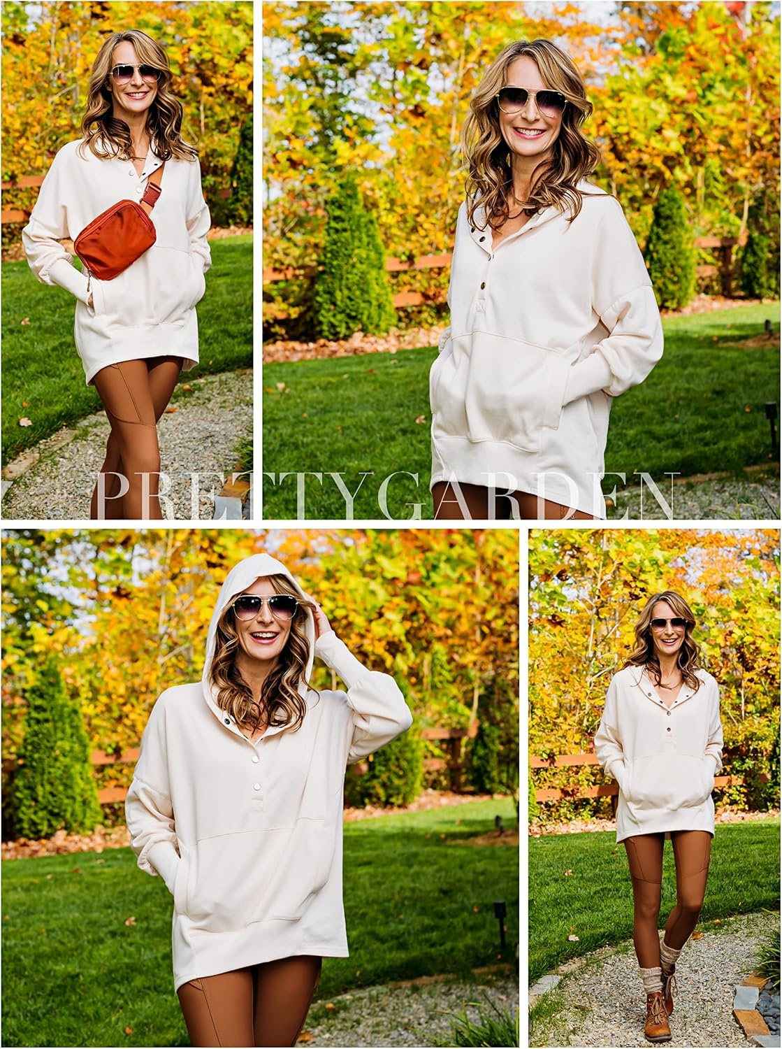image:imagePRETTYGARDEN Womens Casual Long Sleeve Lapel Zipper Sweatshirt Drawstring Loose Pullover TopsButton Apricot