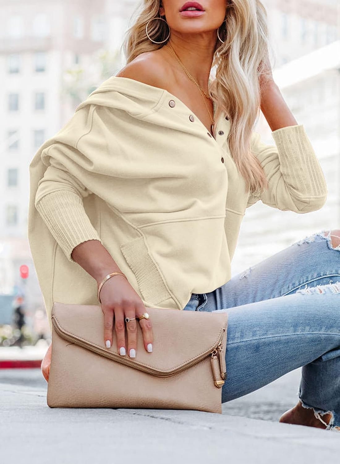 image:imagePRETTYGARDEN Womens Casual Long Sleeve Lapel Zipper Sweatshirt Drawstring Loose Pullover TopsButton Apricot