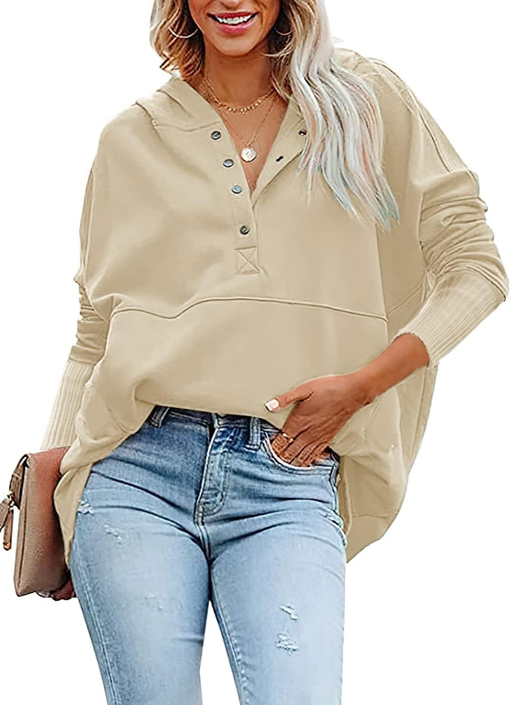 image:imagePRETTYGARDEN Womens Casual Long Sleeve Lapel Zipper Sweatshirt Drawstring Loose Pullover TopsButton Apricot