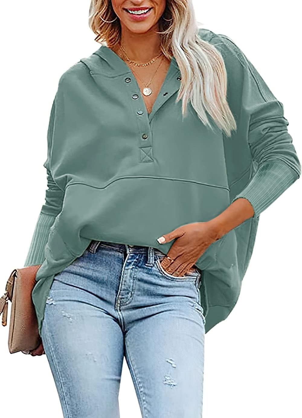 image:imagePRETTYGARDEN Womens Casual Long Sleeve Lapel Zipper Sweatshirt Drawstring Loose Pullover TopsButton Bean Green