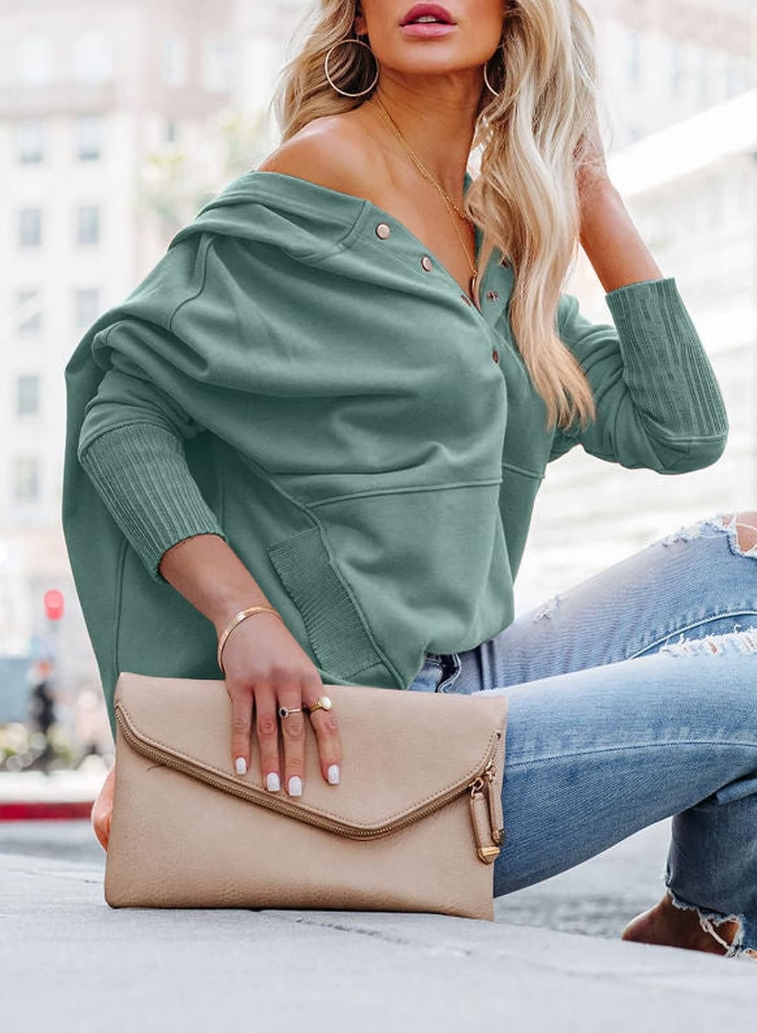 image:imagePRETTYGARDEN Womens Casual Long Sleeve Lapel Zipper Sweatshirt Drawstring Loose Pullover TopsButton Bean Green