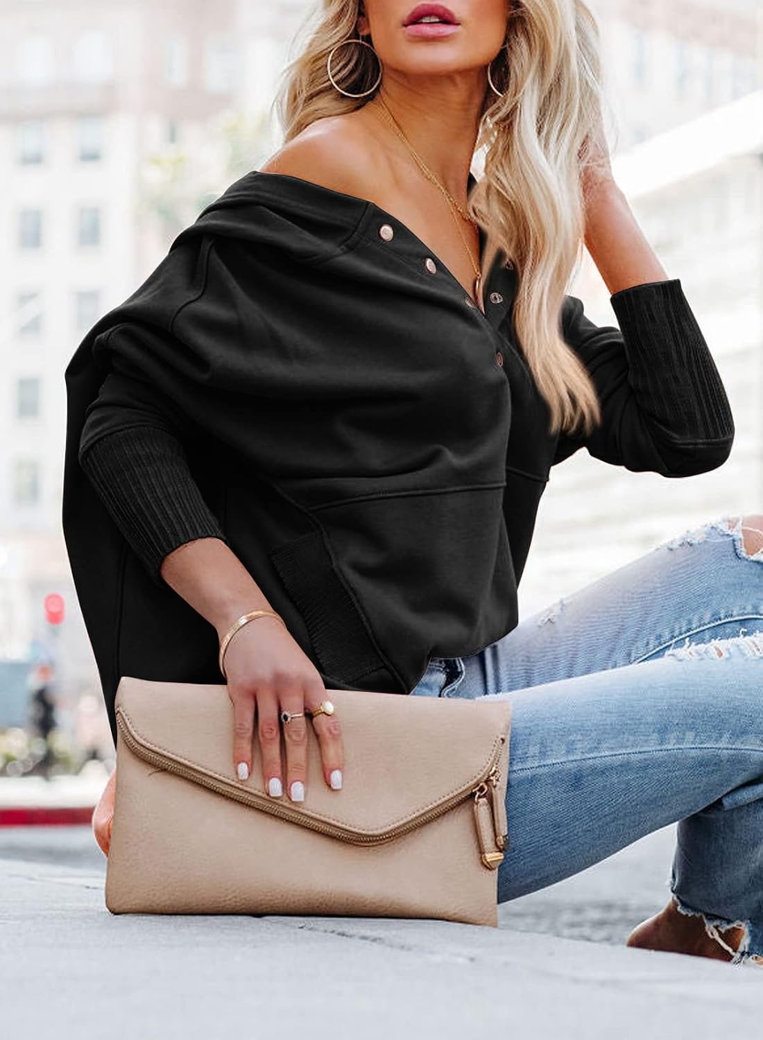 image:imagePRETTYGARDEN Womens Casual Long Sleeve Lapel Zipper Sweatshirt Drawstring Loose Pullover TopsButton Black