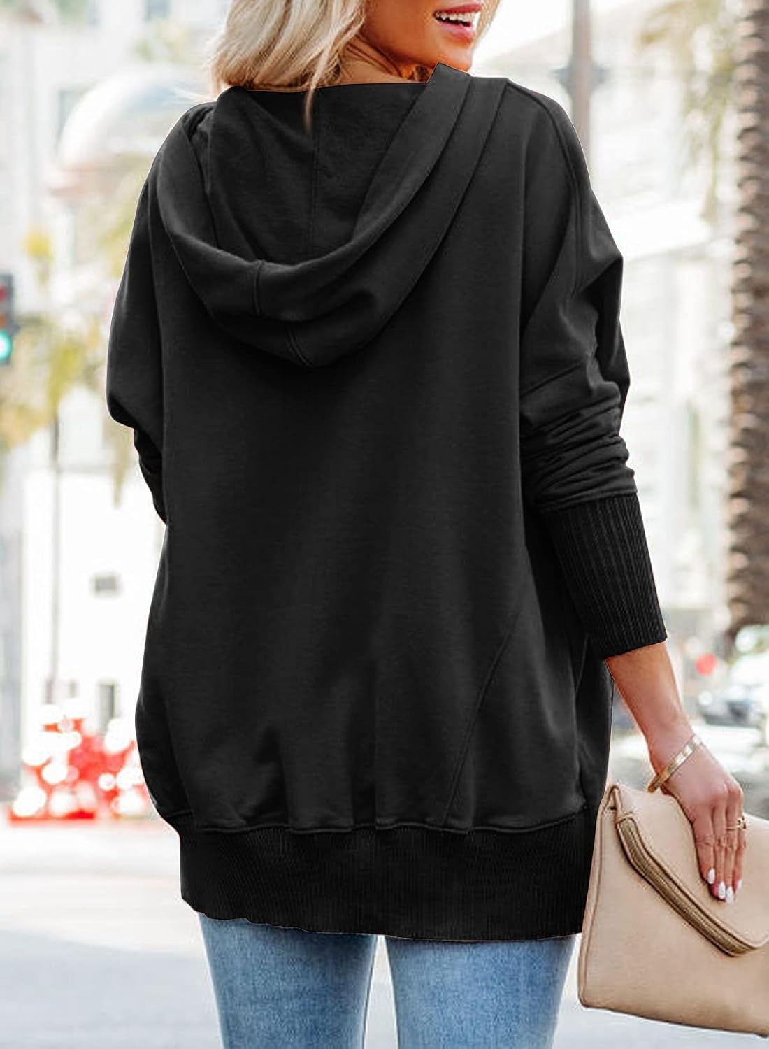 image:imagePRETTYGARDEN Womens Casual Long Sleeve Lapel Zipper Sweatshirt Drawstring Loose Pullover TopsButton Black