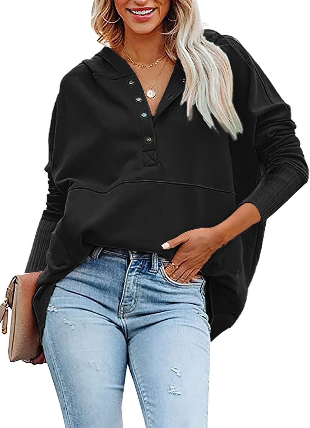 image:imagePRETTYGARDEN Womens Casual Long Sleeve Lapel Zipper Sweatshirt Drawstring Loose Pullover TopsButton Black