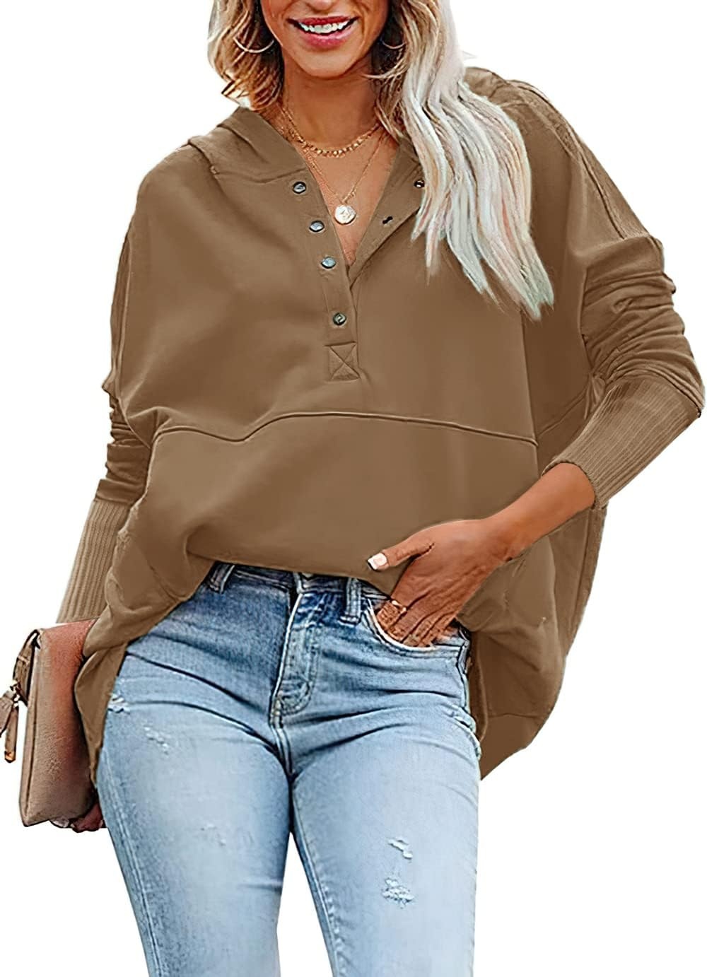 image:imagePRETTYGARDEN Womens Casual Long Sleeve Lapel Zipper Sweatshirt Drawstring Loose Pullover TopsButton Coffee