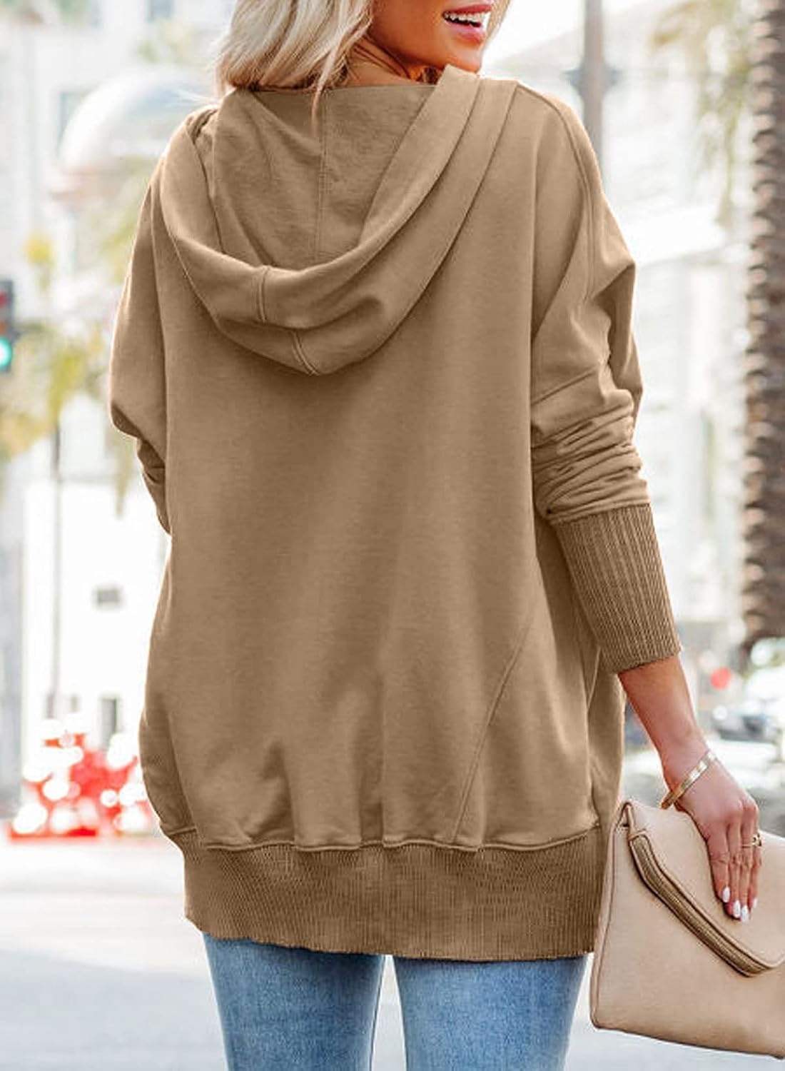 image:imagePRETTYGARDEN Womens Casual Long Sleeve Lapel Zipper Sweatshirt Drawstring Loose Pullover TopsButton Coffee