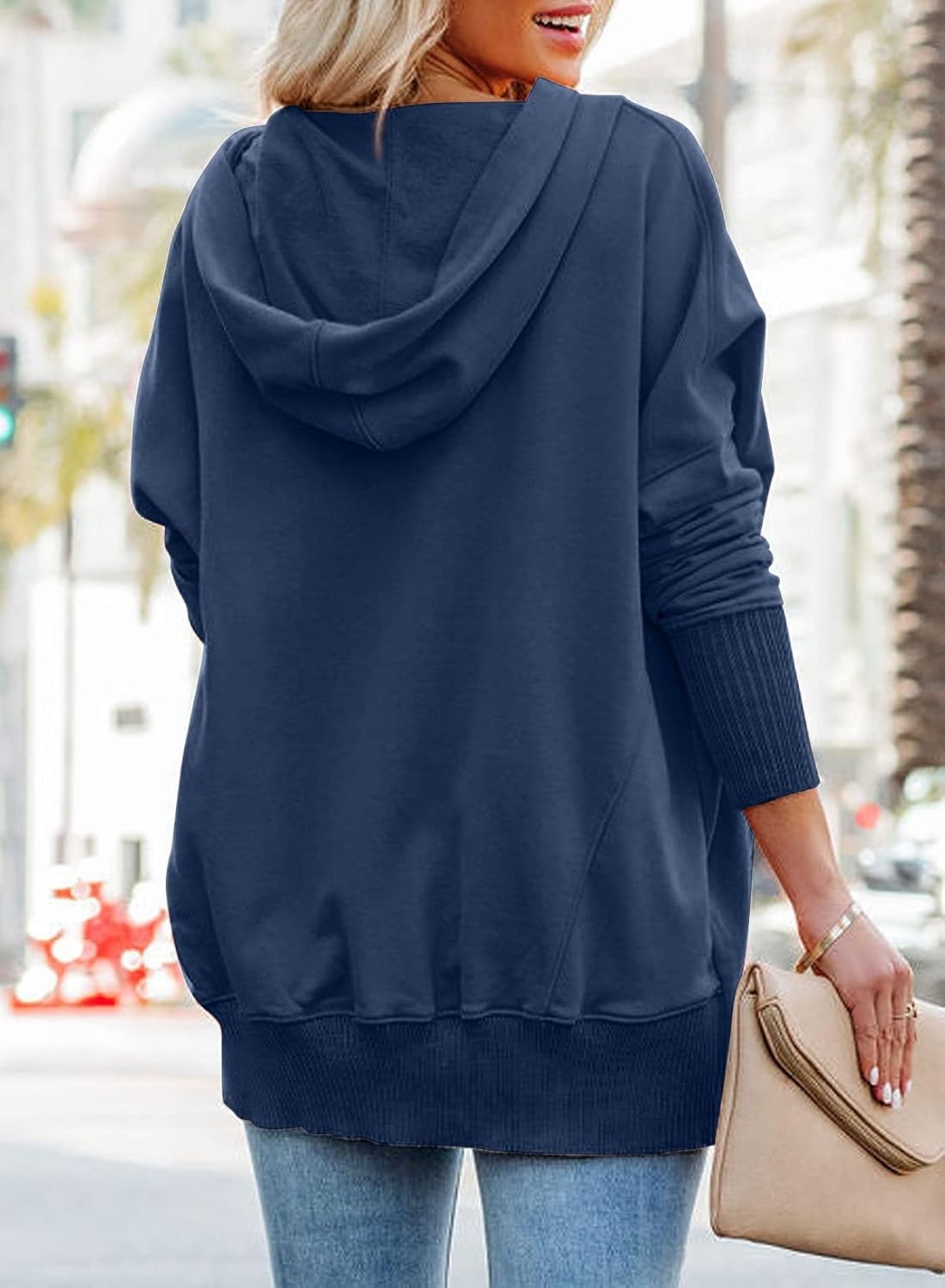 image:imagePRETTYGARDEN Womens Casual Long Sleeve Lapel Zipper Sweatshirt Drawstring Loose Pullover TopsButton Dark Blue
