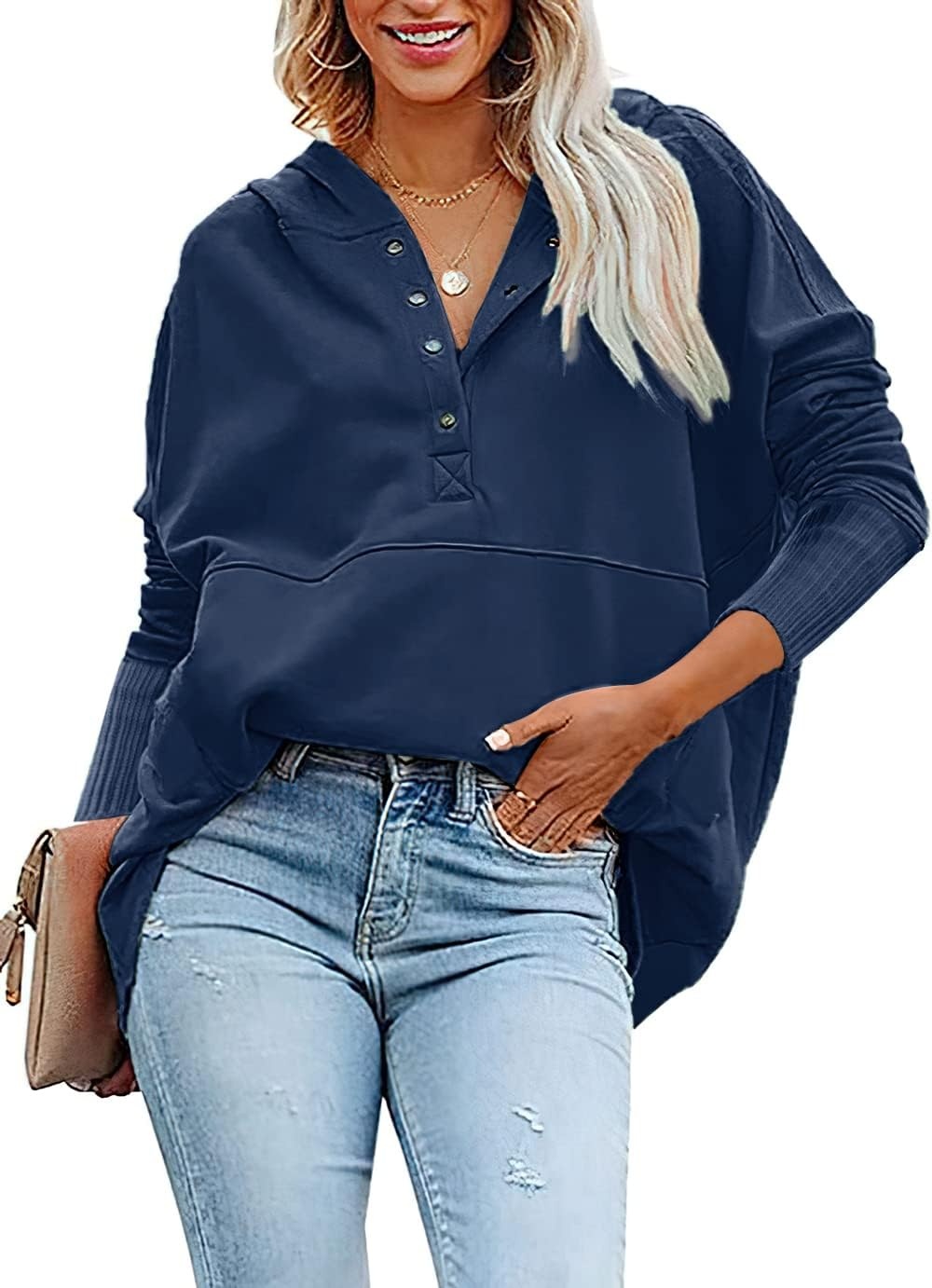 image:imagePRETTYGARDEN Womens Casual Long Sleeve Lapel Zipper Sweatshirt Drawstring Loose Pullover TopsButton Dark Blue