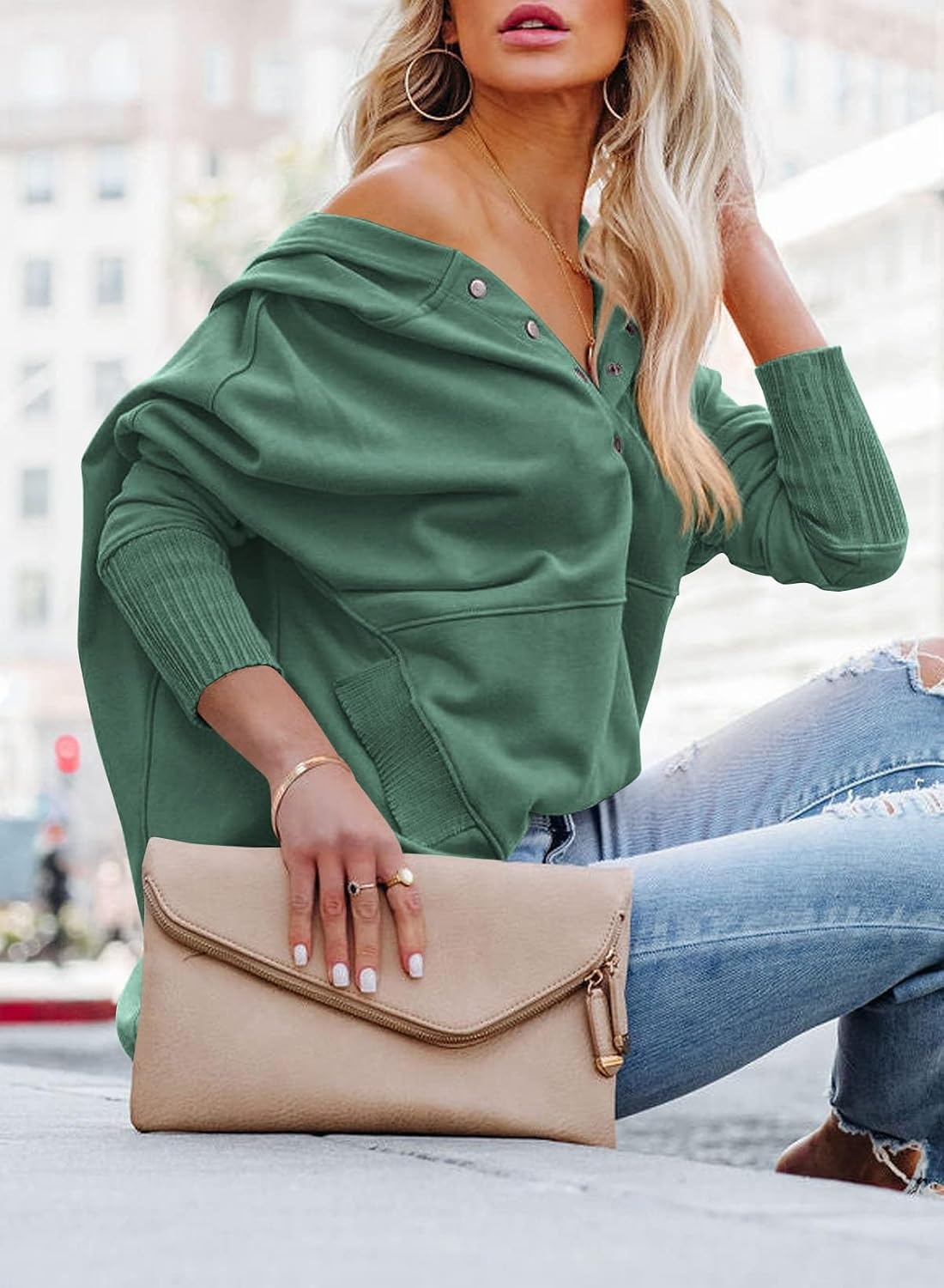 image:imagePRETTYGARDEN Womens Casual Long Sleeve Lapel Zipper Sweatshirt Drawstring Loose Pullover TopsButton Green