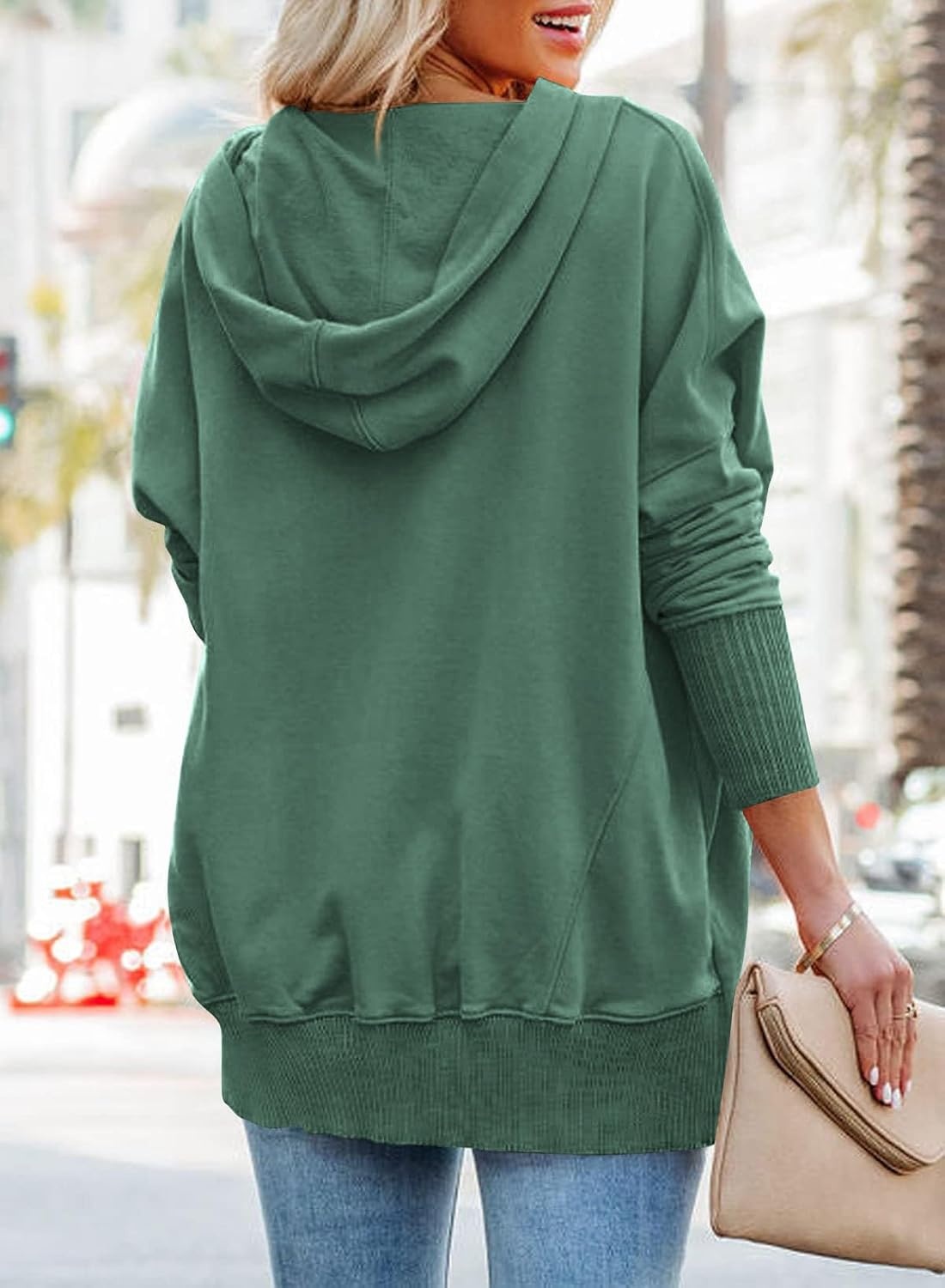 image:imagePRETTYGARDEN Womens Casual Long Sleeve Lapel Zipper Sweatshirt Drawstring Loose Pullover TopsButton Green