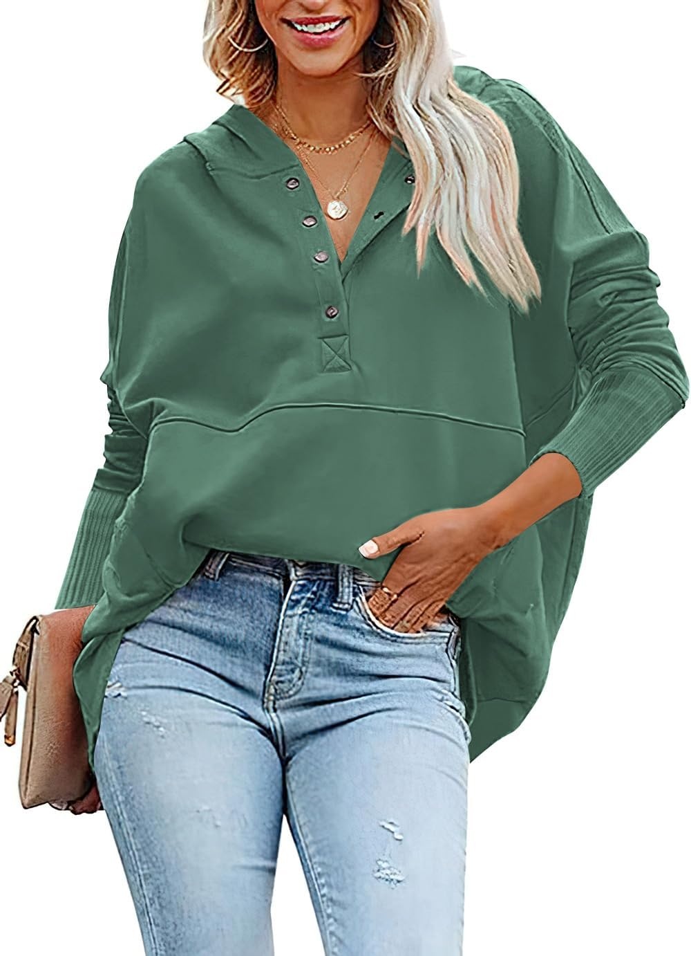 image:imagePRETTYGARDEN Womens Casual Long Sleeve Lapel Zipper Sweatshirt Drawstring Loose Pullover TopsButton Green