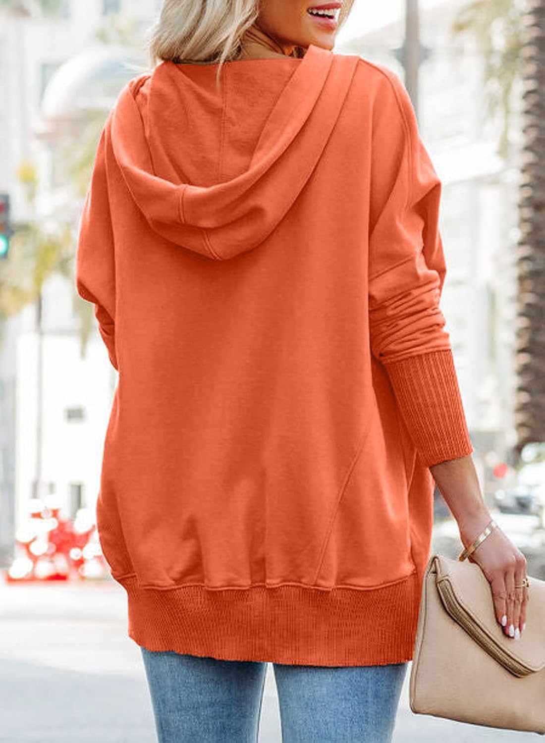 image:imagePRETTYGARDEN Womens Casual Long Sleeve Lapel Zipper Sweatshirt Drawstring Loose Pullover TopsButton Orange