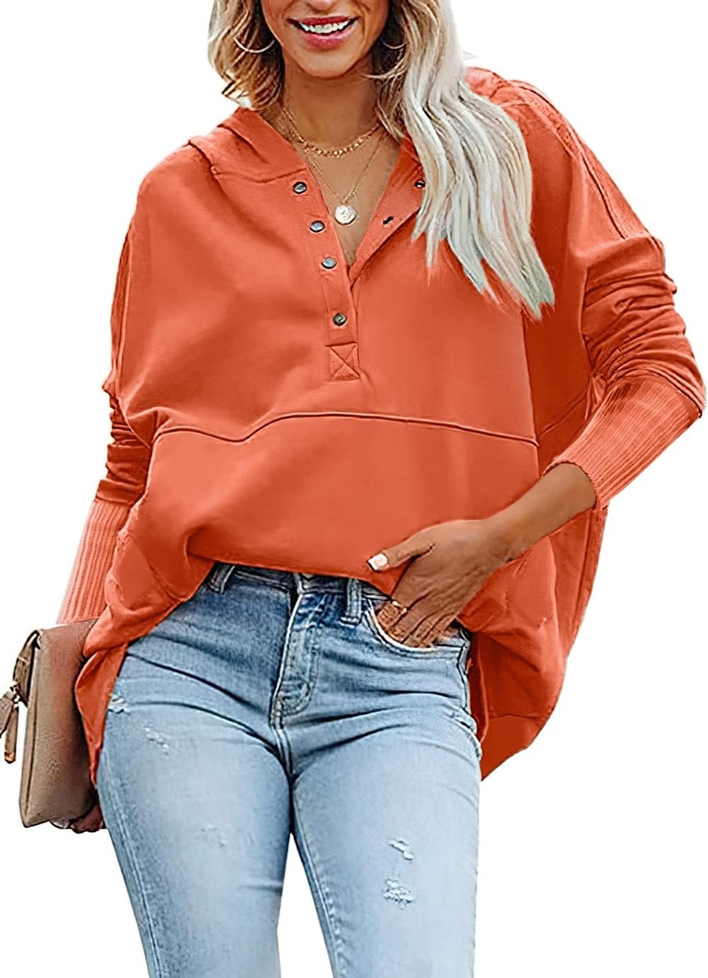 image:imagePRETTYGARDEN Womens Casual Long Sleeve Lapel Zipper Sweatshirt Drawstring Loose Pullover TopsButton Orange
