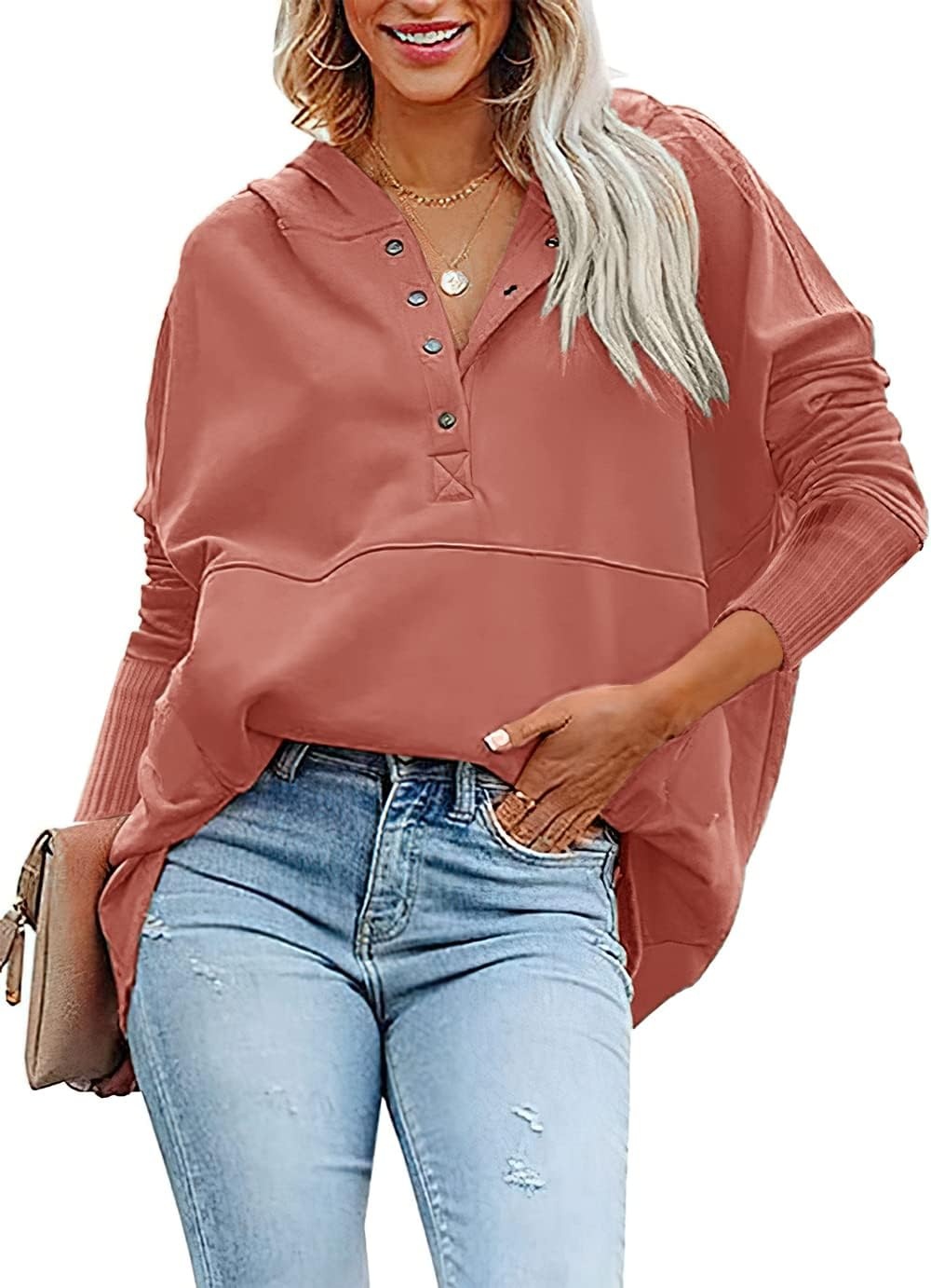 image:imagePRETTYGARDEN Womens Casual Long Sleeve Lapel Zipper Sweatshirt Drawstring Loose Pullover TopsButton Orange Pink
