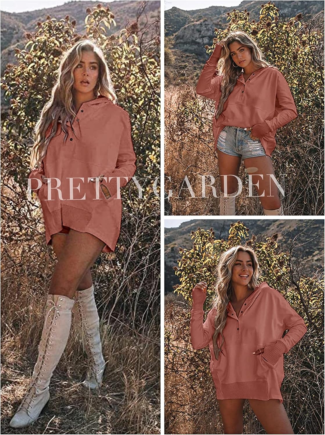 image:imagePRETTYGARDEN Womens Casual Long Sleeve Lapel Zipper Sweatshirt Drawstring Loose Pullover TopsButton Orange Pink