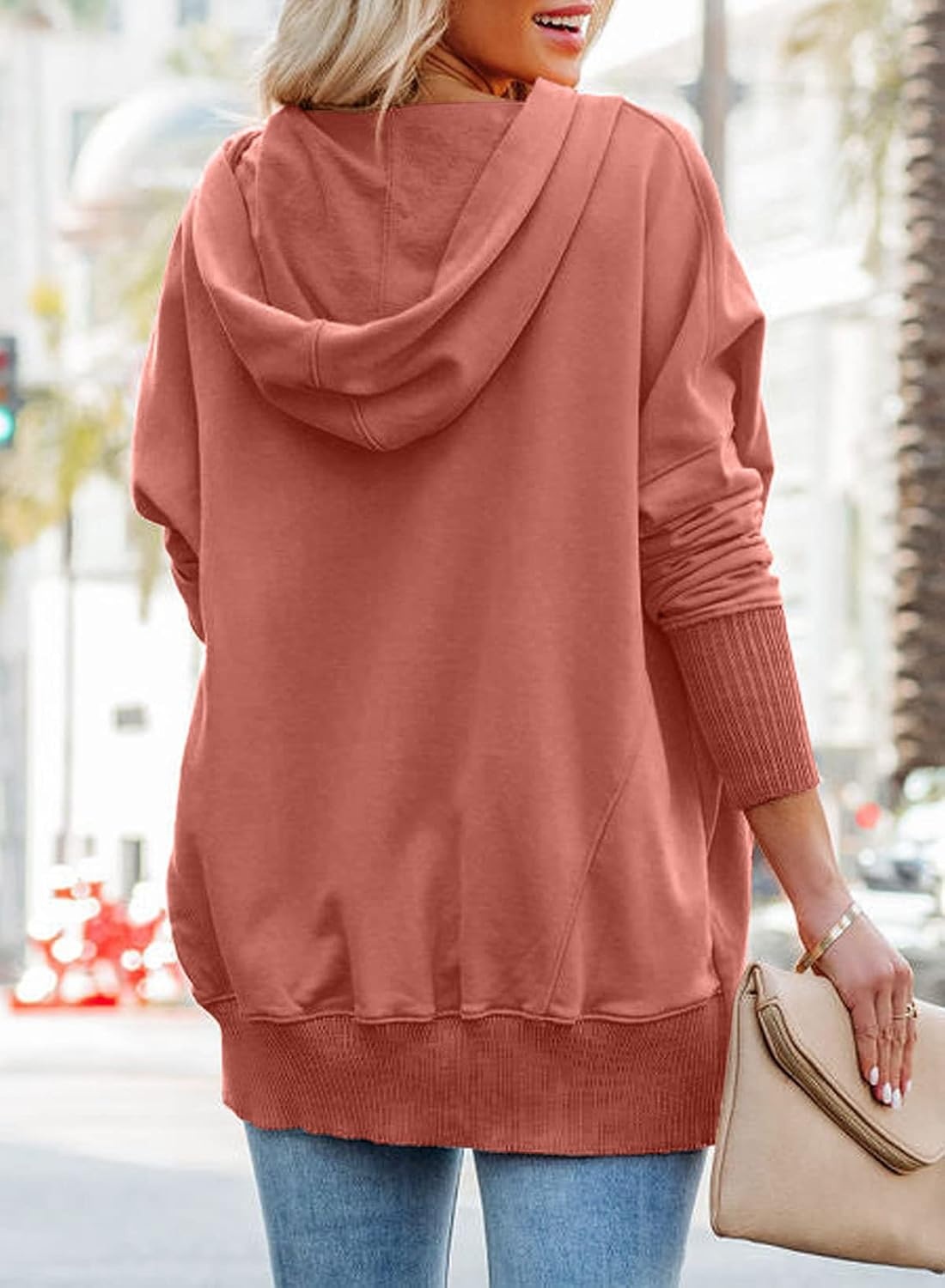 image:imagePRETTYGARDEN Womens Casual Long Sleeve Lapel Zipper Sweatshirt Drawstring Loose Pullover TopsButton Orange Pink