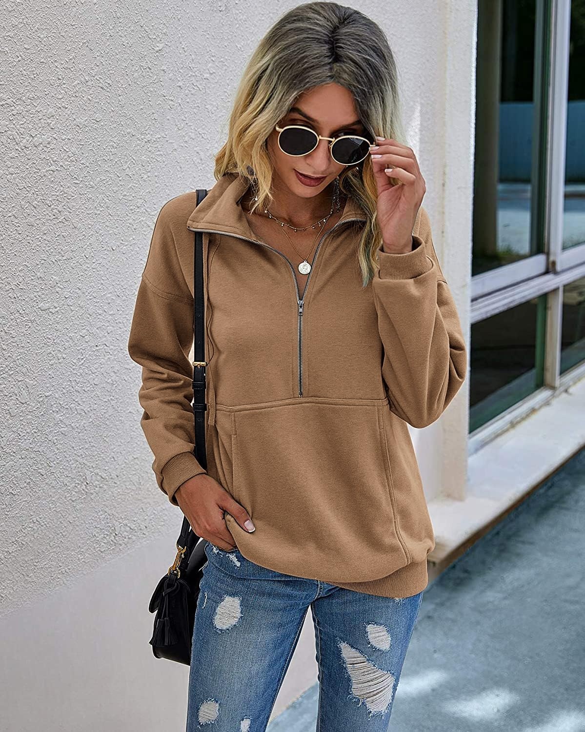 image:imagePRETTYGARDEN Womens Casual Long Sleeve Lapel Zipper Sweatshirt Drawstring Loose Pullover TopsCoffee
