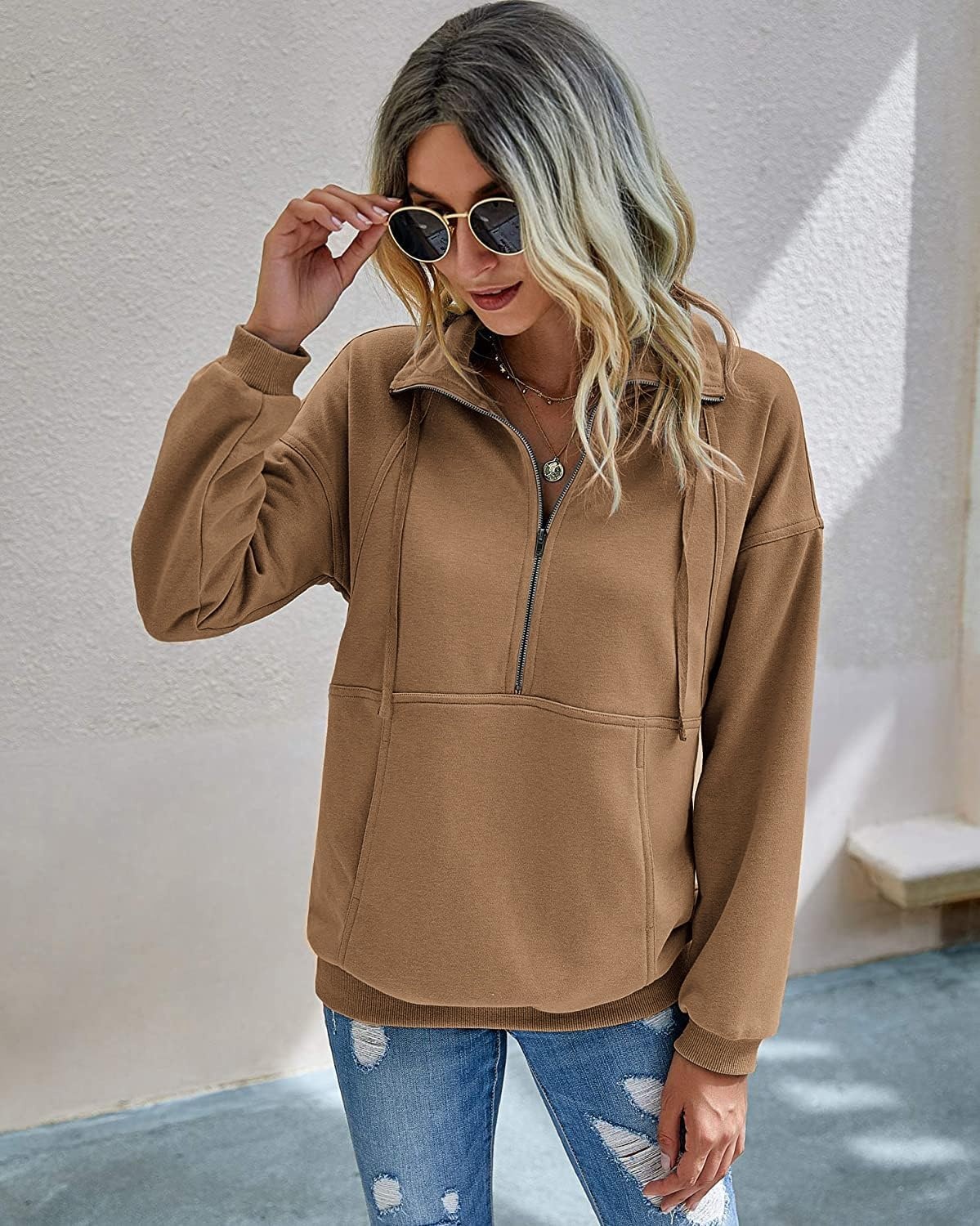 image:imagePRETTYGARDEN Womens Casual Long Sleeve Lapel Zipper Sweatshirt Drawstring Loose Pullover TopsCoffee