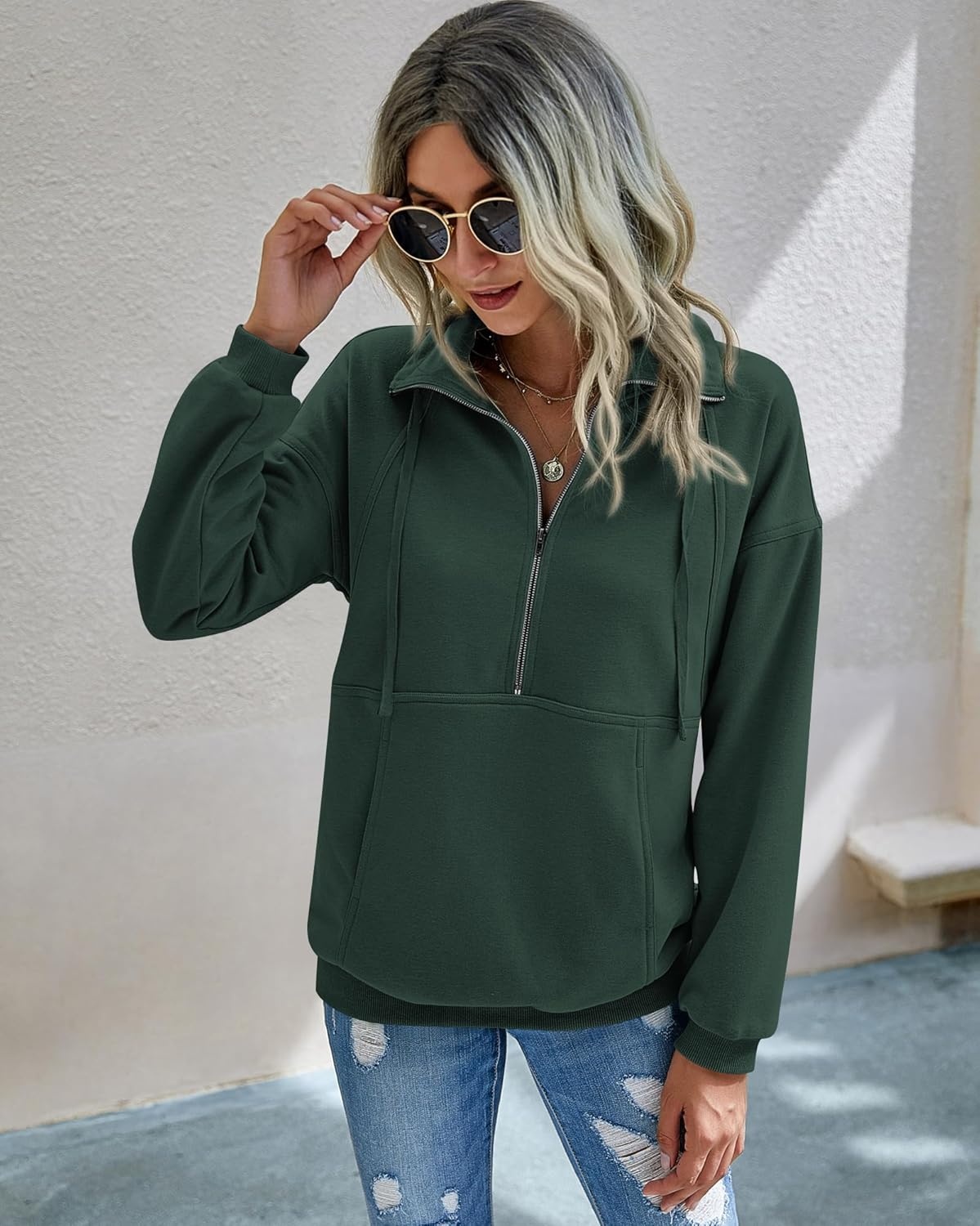 image:imagePRETTYGARDEN Womens Casual Long Sleeve Lapel Zipper Sweatshirt Drawstring Loose Pullover TopsDark Green