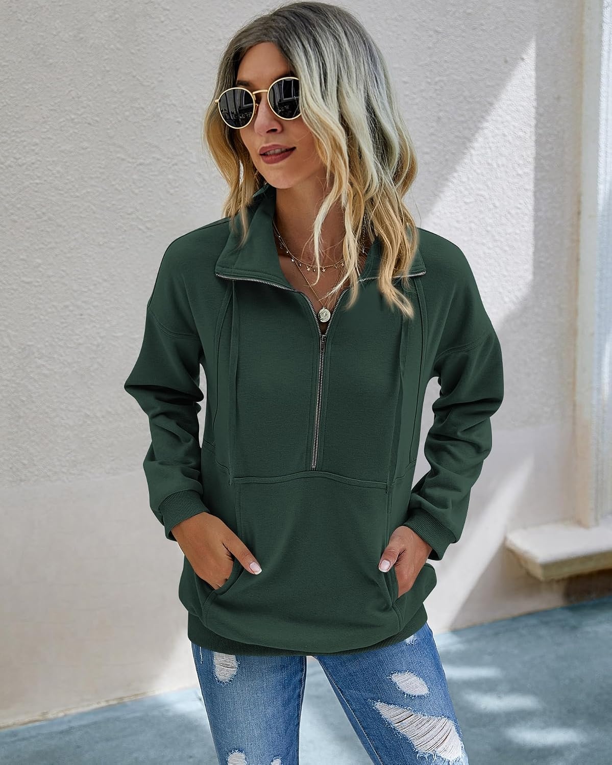 image:imagePRETTYGARDEN Womens Casual Long Sleeve Lapel Zipper Sweatshirt Drawstring Loose Pullover TopsDark Green
