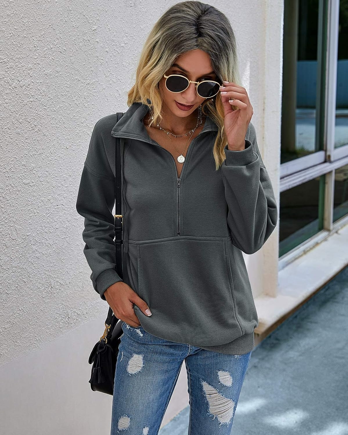image:imagePRETTYGARDEN Womens Casual Long Sleeve Lapel Zipper Sweatshirt Drawstring Loose Pullover TopsDark Grey