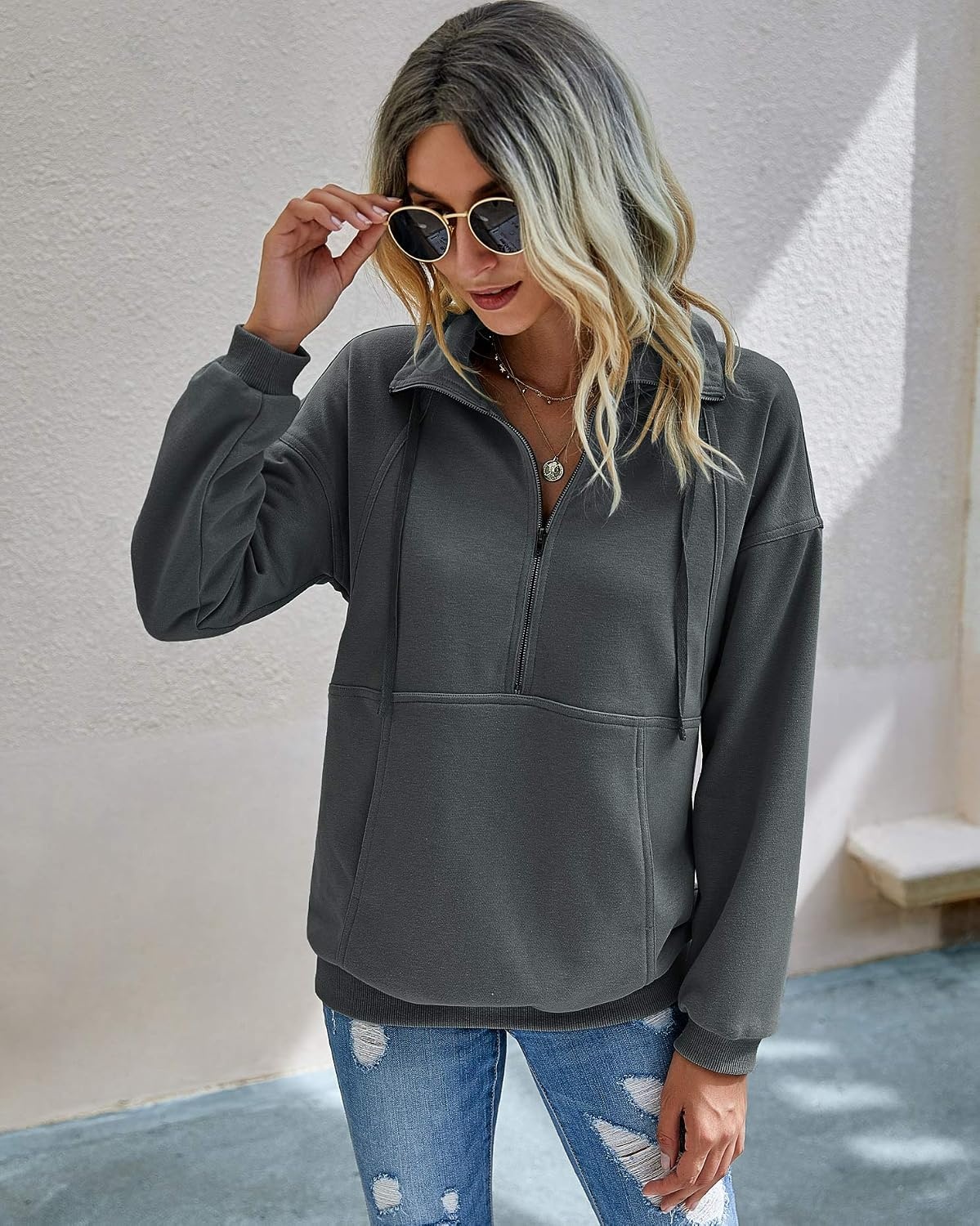 image:imagePRETTYGARDEN Womens Casual Long Sleeve Lapel Zipper Sweatshirt Drawstring Loose Pullover TopsDark Grey
