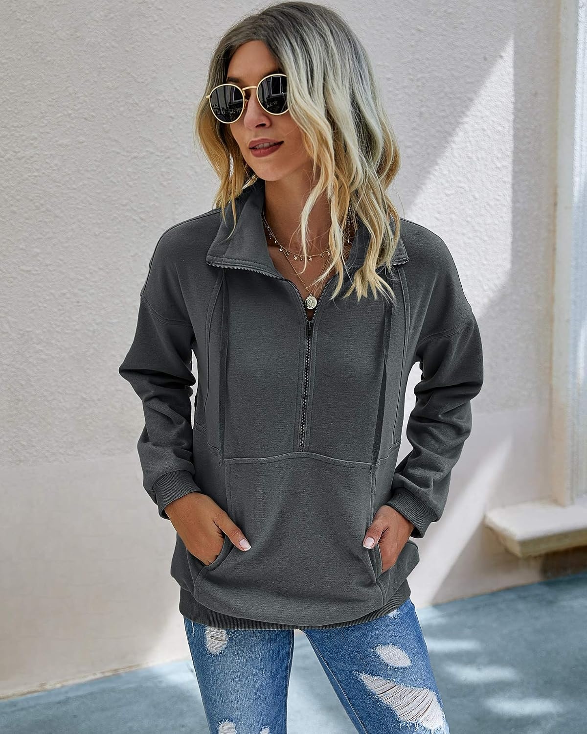 image:imagePRETTYGARDEN Womens Casual Long Sleeve Lapel Zipper Sweatshirt Drawstring Loose Pullover TopsDark Grey