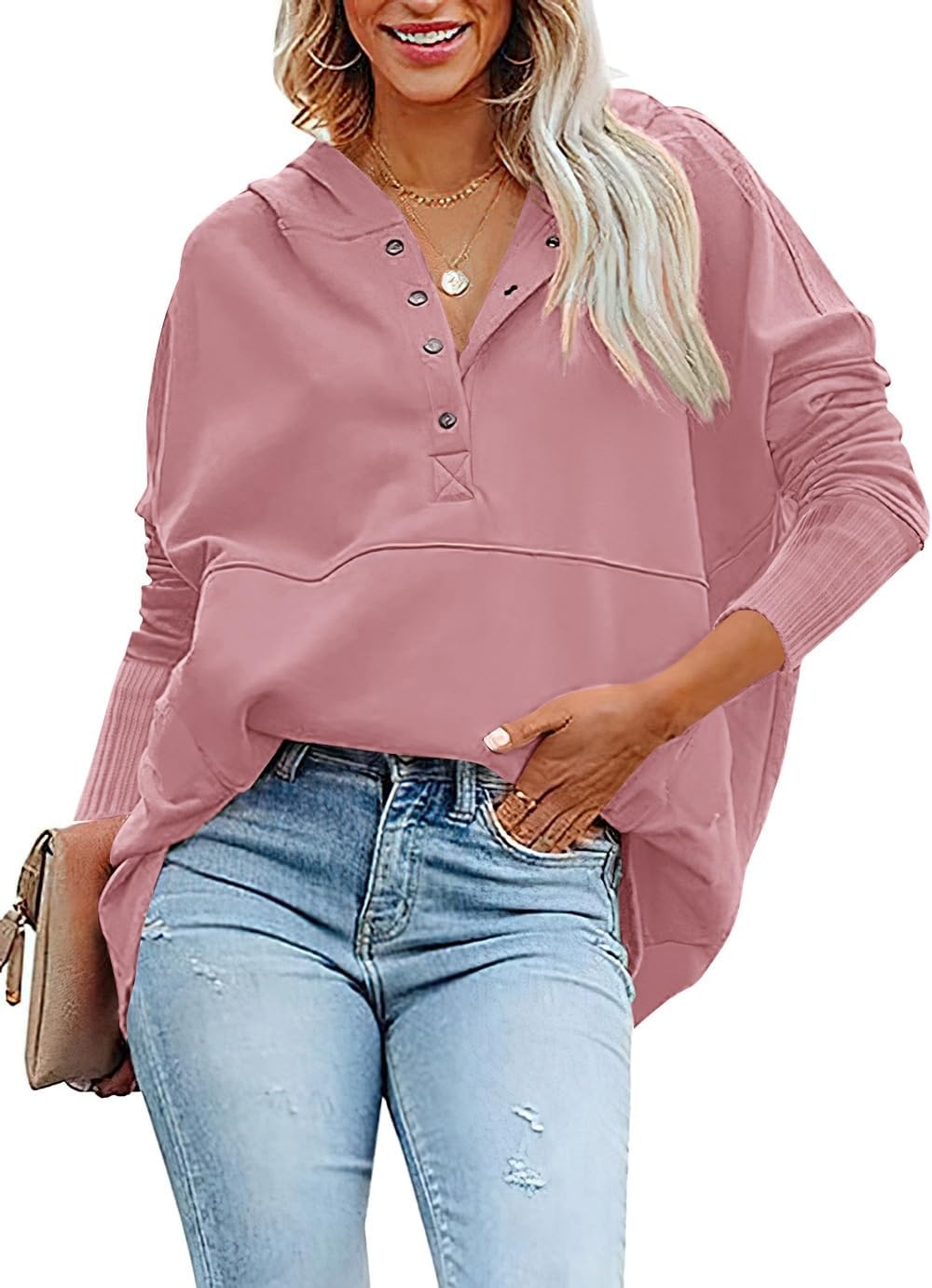 image:imagePRETTYGARDEN Womens Casual Long Sleeve Lapel Zipper Sweatshirt Drawstring Loose Pullover TopsDusty Pink