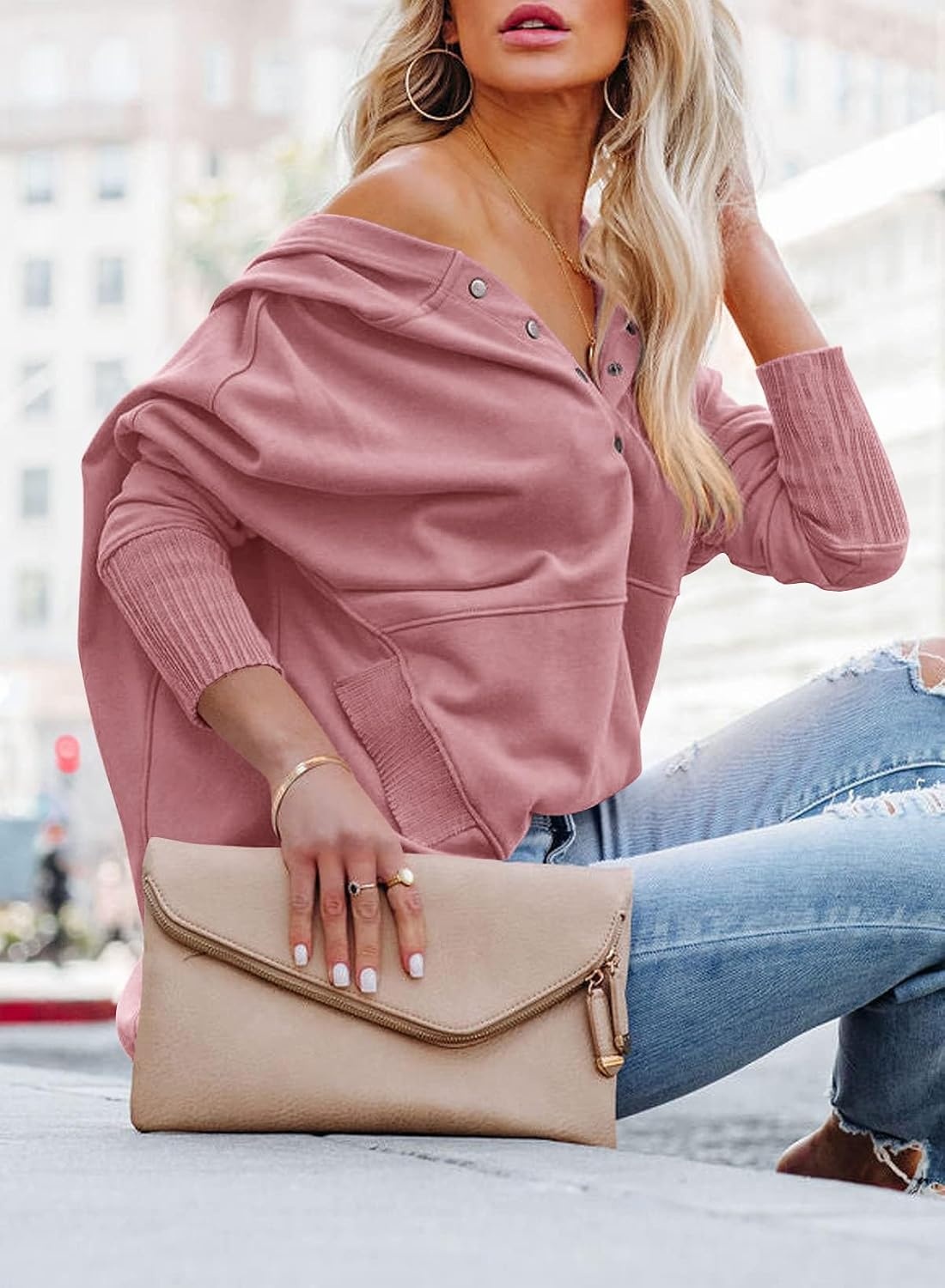 image:imagePRETTYGARDEN Womens Casual Long Sleeve Lapel Zipper Sweatshirt Drawstring Loose Pullover TopsDusty Pink