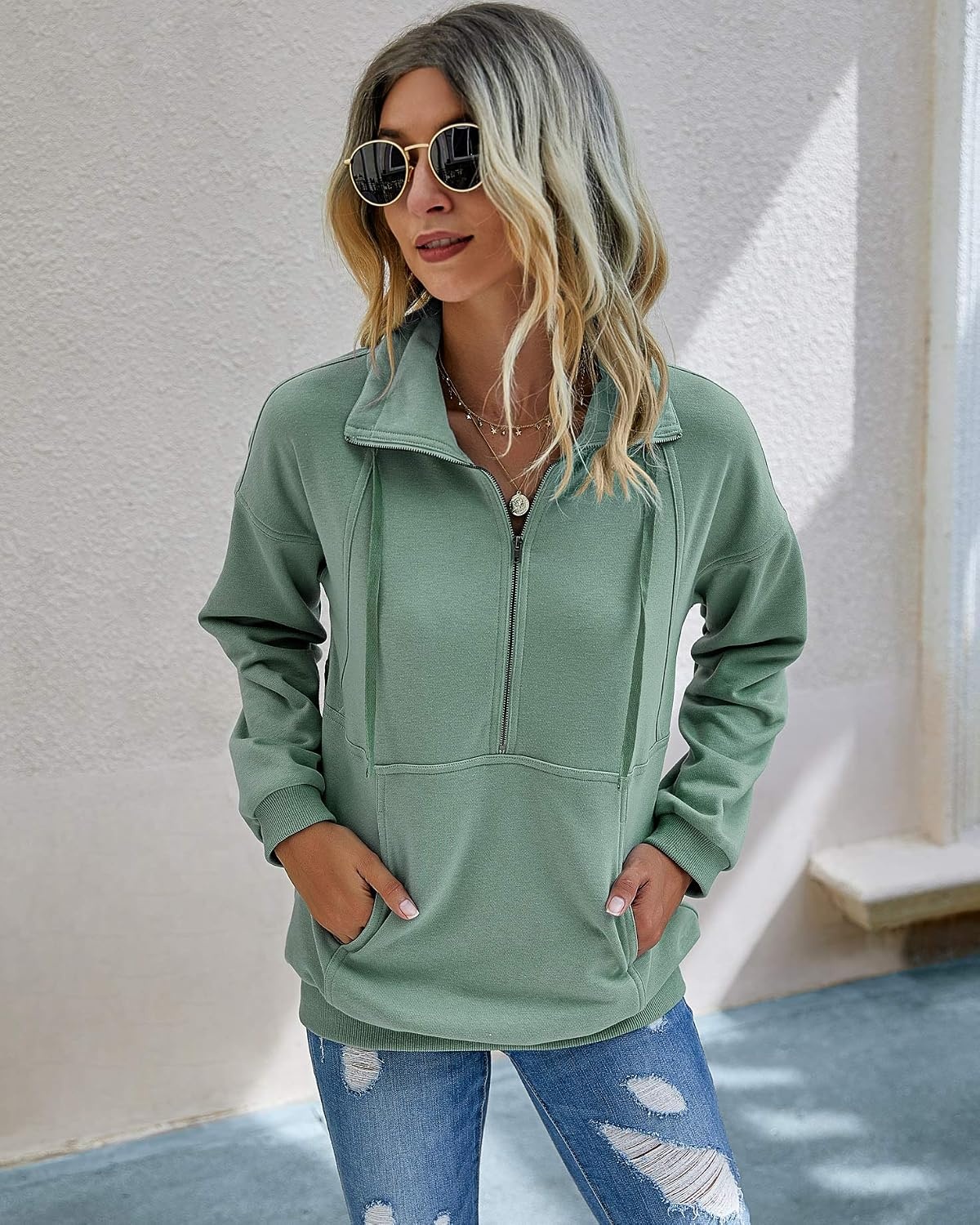 image:imagePRETTYGARDEN Womens Casual Long Sleeve Lapel Zipper Sweatshirt Drawstring Loose Pullover TopsGreen