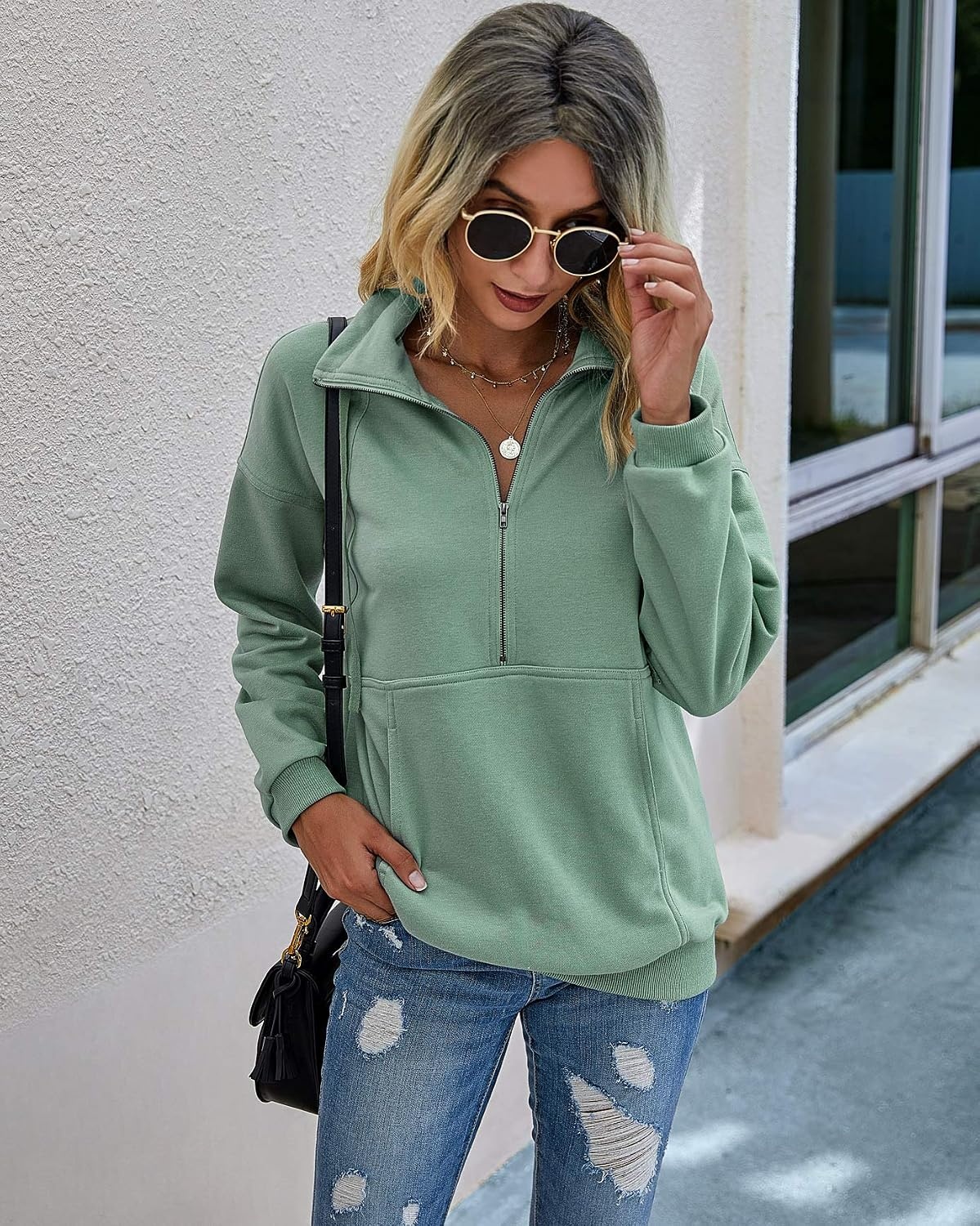 image:imagePRETTYGARDEN Womens Casual Long Sleeve Lapel Zipper Sweatshirt Drawstring Loose Pullover TopsGreen