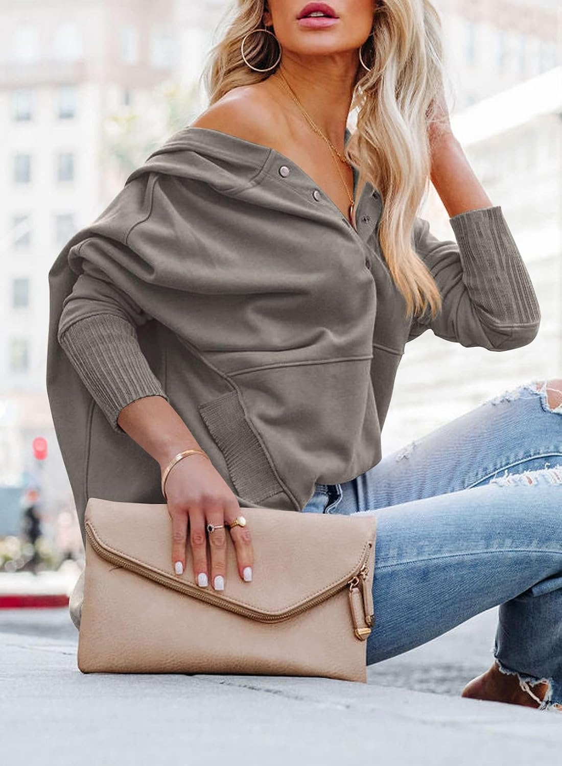 image:imagePRETTYGARDEN Womens Casual Long Sleeve Lapel Zipper Sweatshirt Drawstring Loose Pullover TopsGrey
