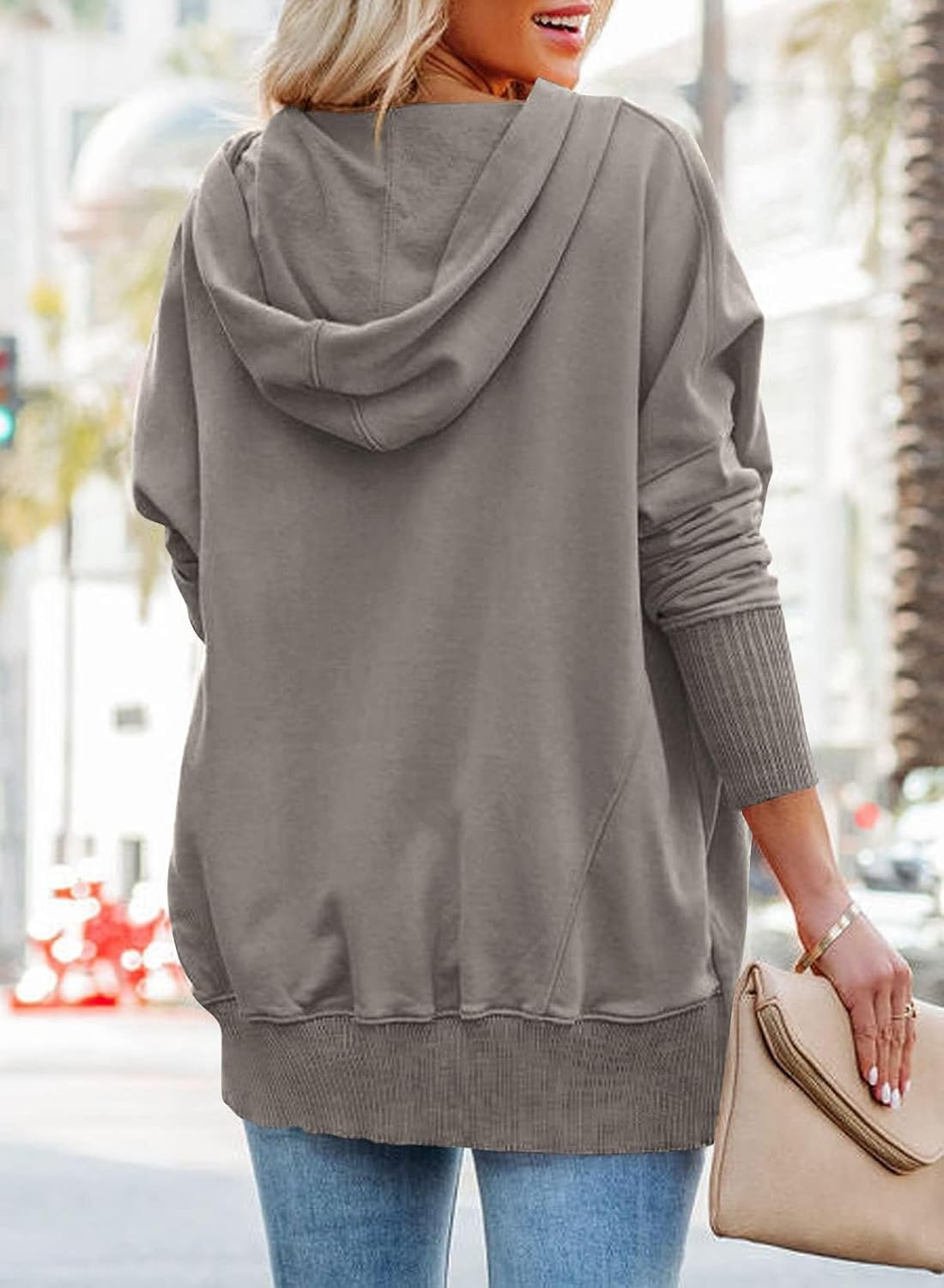 image:imagePRETTYGARDEN Womens Casual Long Sleeve Lapel Zipper Sweatshirt Drawstring Loose Pullover TopsGrey